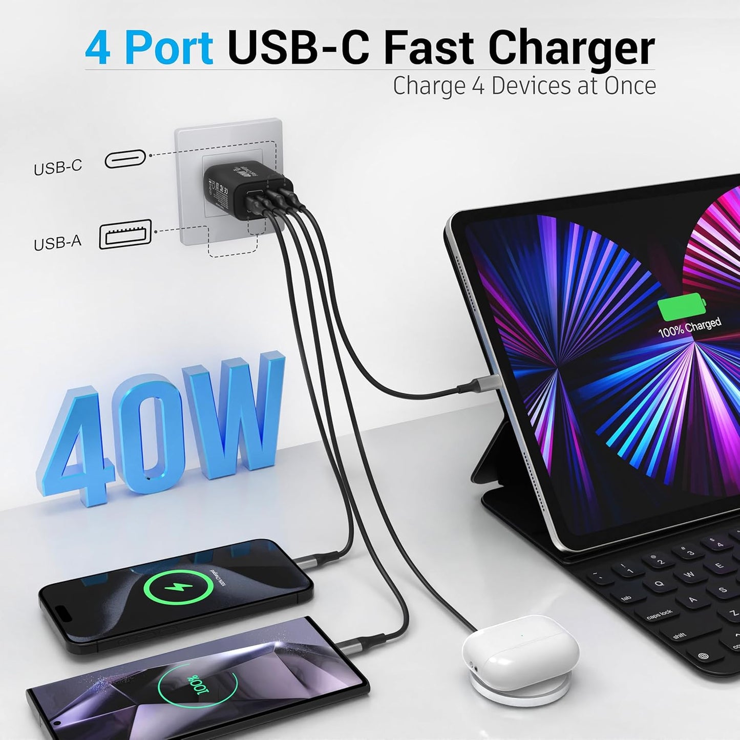 USB C Block 40W, 4 Ports Wall Plug Fast Charging Block, PD+QC Multiport Power Adapter USB C Charger Type C for iPhone 16,15,14,13,12,11, Pro Max, X, Xr, Xs, 8, 7, Watch, Galaxy Phones-Black 2Pack