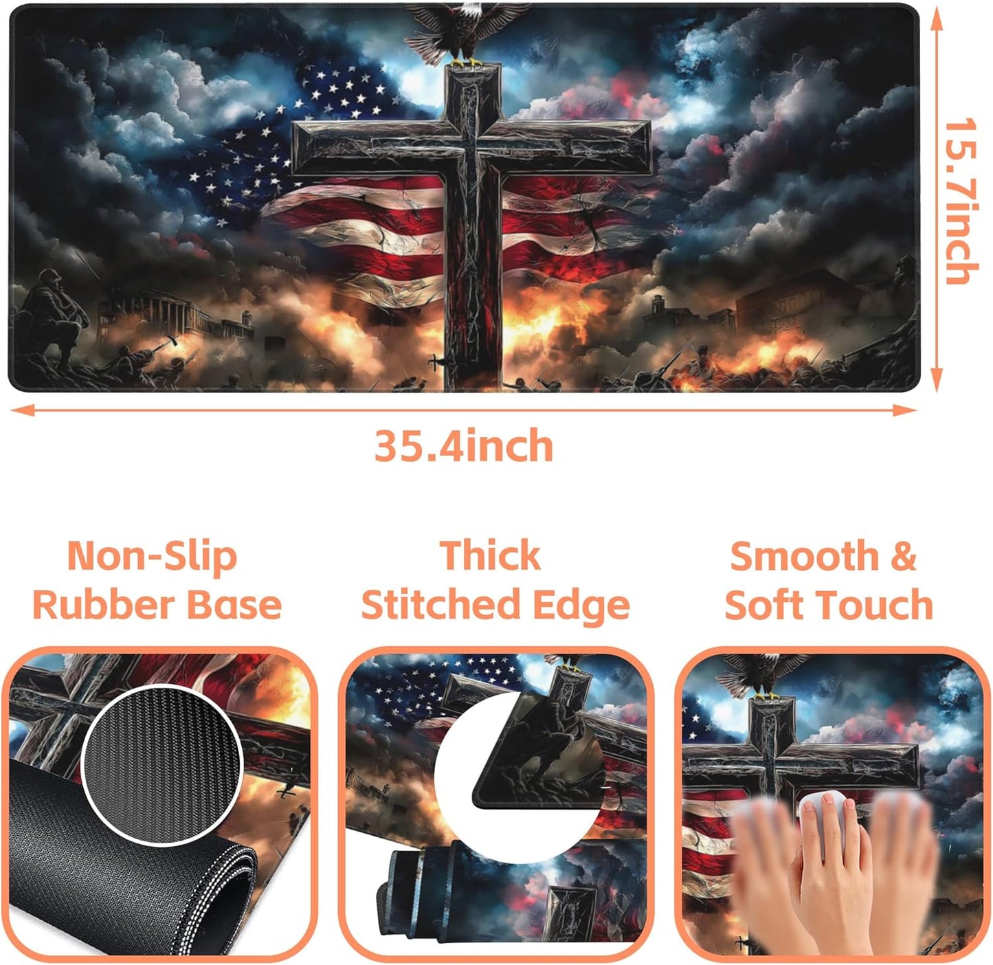 Mouse Pad Large A Cross with an Eagle Non-Slip Game Desk Mat with Stitched Edge Laptop Keyboard Desk Pad for Work Home Gaming (35.4 x 15.7 Inches)