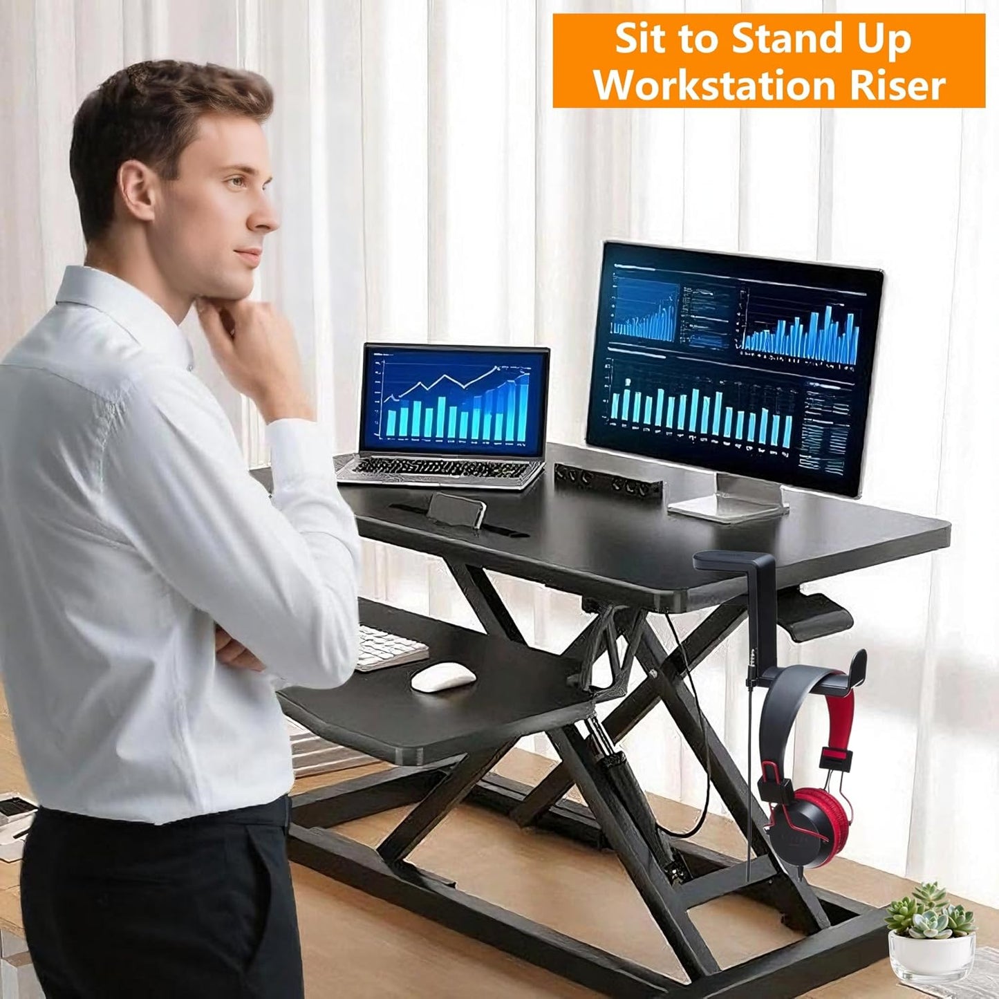 Standing Desk Converter - 32 Inch Wide Adjustable Sit to Stand Up Workstation, Dual Monitor and Laptop Riser with Wide Keyboard Tray, Headphone Stand,Cable Clips,for Home Office, Black