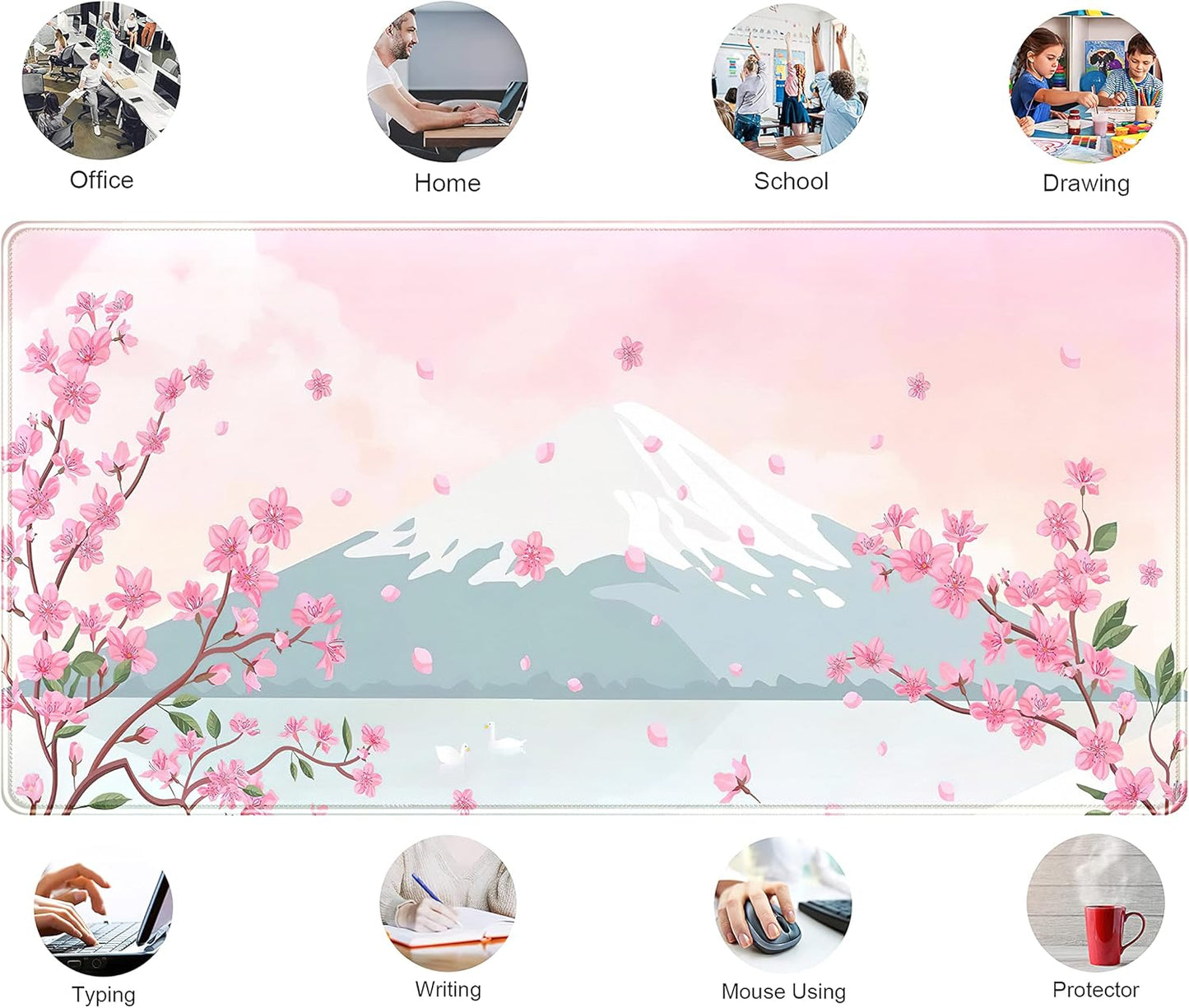 Japanese Desk Mat Pastel Pink Cherry Blossom Mouse Pad Mt Fuji Japan Large Gaming Anime Mousepad XXL 31.5x15.75 in, Kawaii Aesthetic Flower Cute Women Office Decor Computer Laptop Keyboard Mat