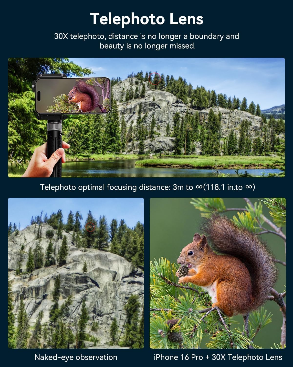 MIAO LAB 30X Telephoto Lens, High Power HD Telephoto Phone Lens with Adjustable Tripod and Universal Phone Clip, Phone Lens Attachment for Android & iPhone