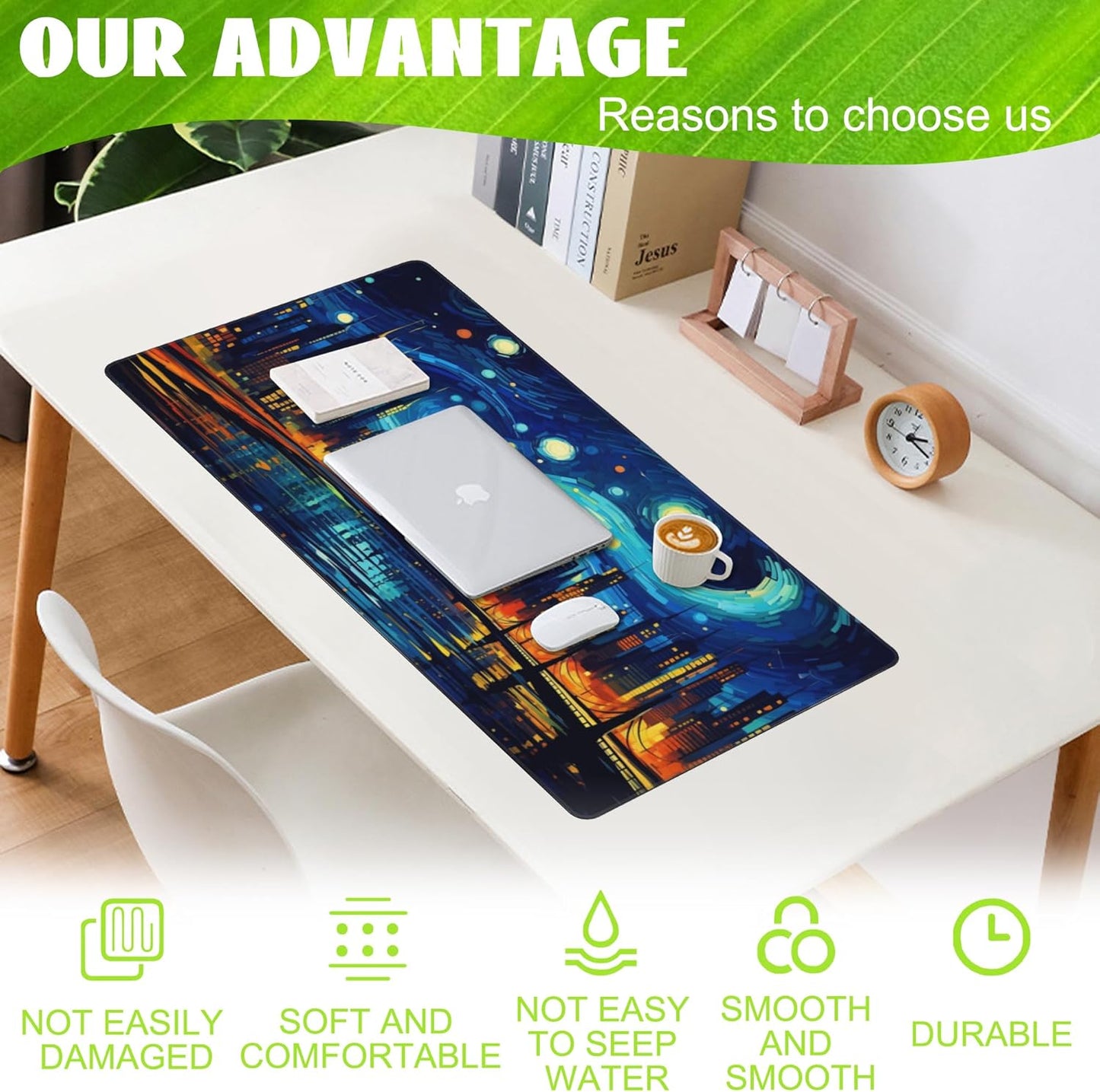 Desk Pad,City Starry Night Desk Mat,Abstract Oil Painting Large Gaming Mouse Pad for Desk,Extended Big Computer Keyboard Mouse Pad with Non-Slip Base and Stitched Edge,35.4"x15.7"