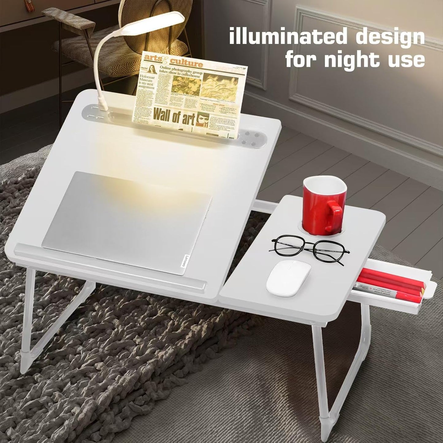 CloudTrip Plus XL Adjustable Laptop Desk with Light, USB Port, iPad Holder, Drawer Storage - Larger 23.6IN Adjustable Lap Desk for Bed, Home Office, Breakfast Tray, Fordable Legs Desk (White)