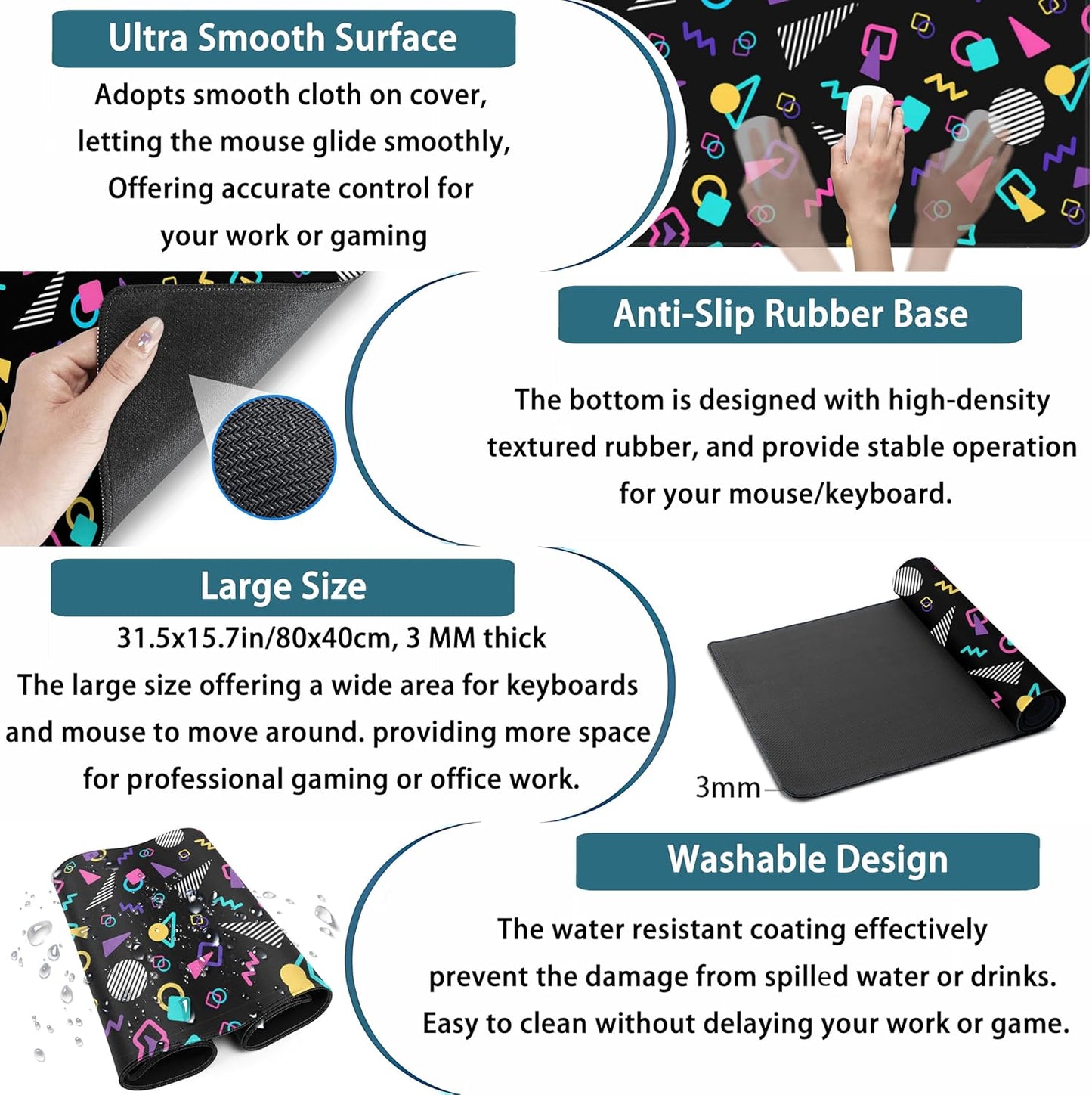 Retro 80s Desk Mat, Cute 90s XXL Large Gaming Mouse Pad, Black Boho Desk Pad with Stitched Edges, Computer Laptop Keyboard and Mouse Mat, Aesthetic Office Decor Non-Slip Mosuepad, 31.5x15.75 in