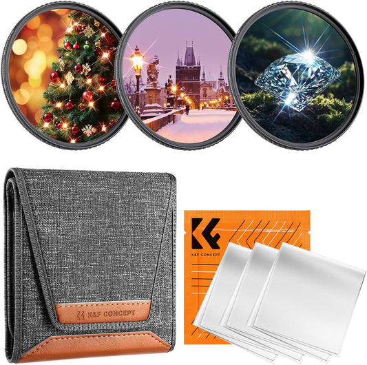 K&F CONCEPT 52mm Star Filters Kit (3pcs) 4 Points 6 Points 8 Points Cross Screen Starburst Filters Set -18 Layer Coating Ultra Slim Optical Glass Camera Lens Filter with 3 Cleaning Cloth