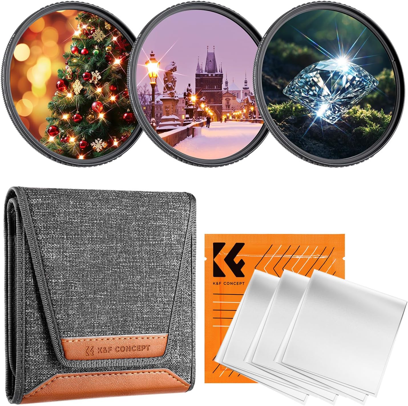 K&F CONCEPT 58mm Star Filters Kit (3pcs) 4 Points 6 Points 8 Points Cross Screen Starburst Filters Set -18 Layer Coating Ultra Slim Optical Glass Camera Lens Filter with 3 Cleaning Cloth