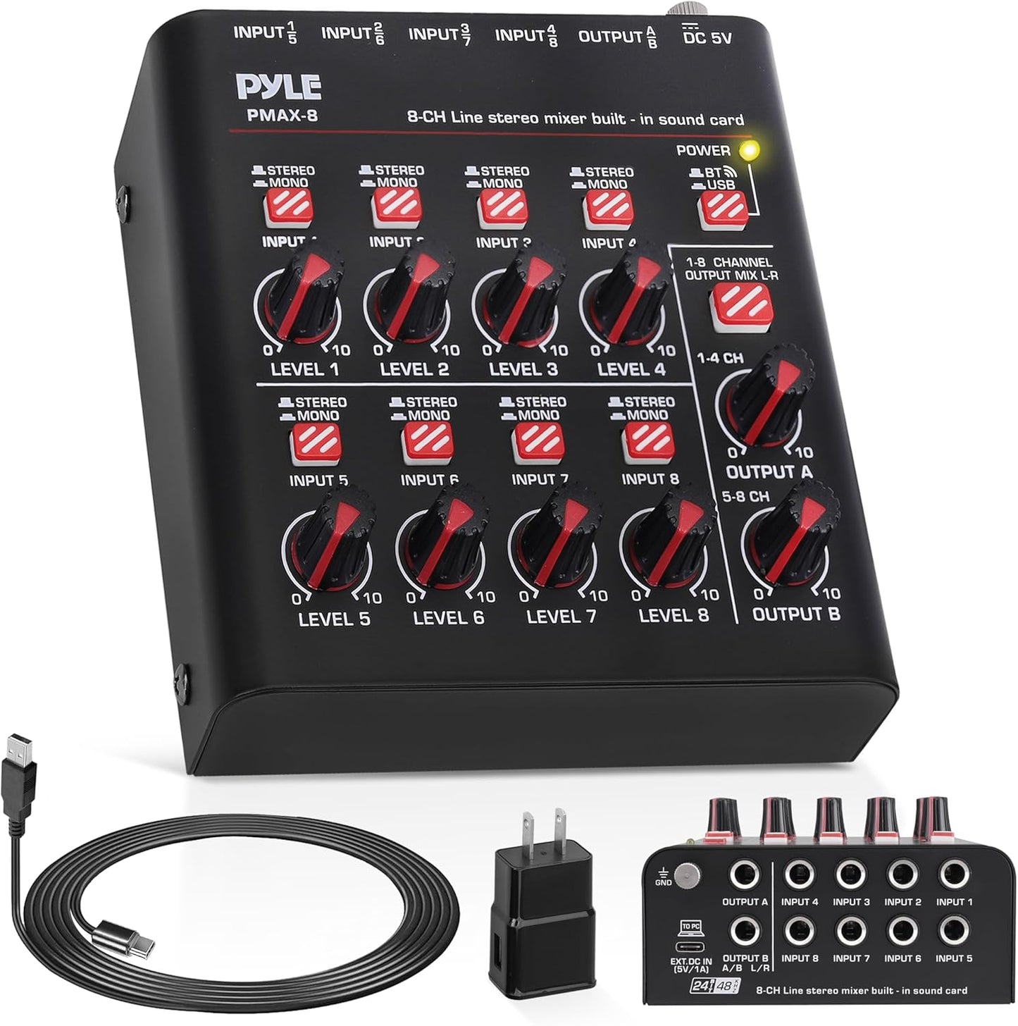 Pyle 8-Channel Wireless BT Streaming Mini Line Mixer with USB Audio Interface - 8 Mono/Stereo Switching Inputs | Ultra-low Noise Design with High Headroom | Built-in USB Sound Card - PMAX8
