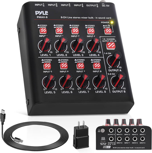 Pyle 8-Channel Wireless BT Streaming Mini Line Mixer with USB Audio Interface - 8 Mono/Stereo Switching Inputs | Ultra-low Noise Design with High Headroom | Built-in USB Sound Card - PMAX8