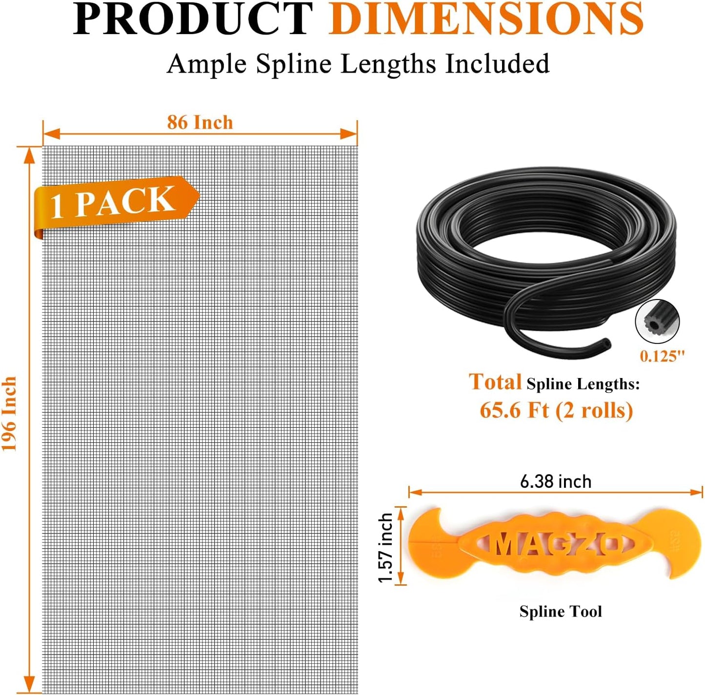 MAGZO Window&Door Screen Replacement Kit, 86" W x 196" L, with Retaining Spline(Total 65.6 FT) and Press-in Installation Tool, Polyester Scratch-Proof, Repair Adjustable Mesh for Windows&Doors, Black