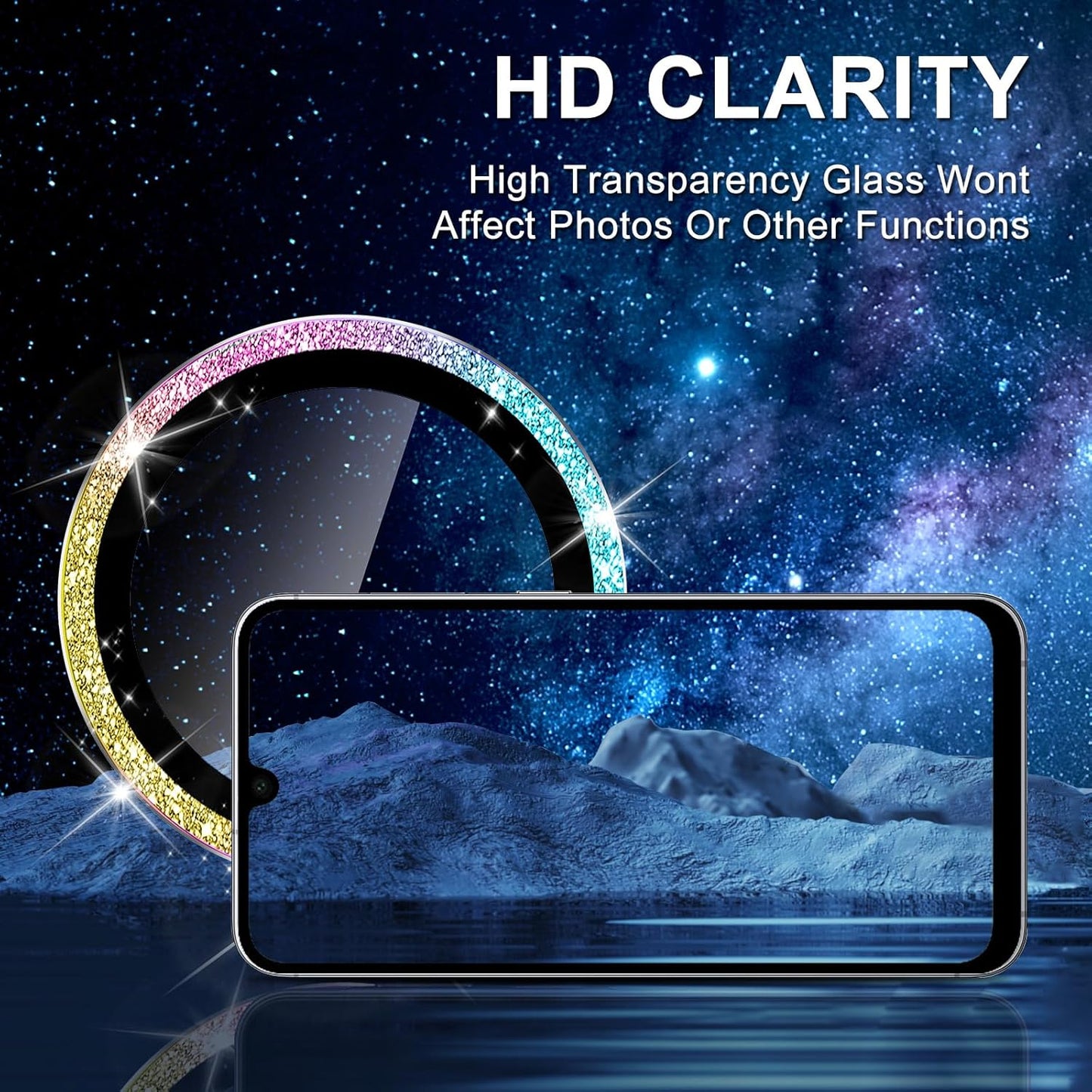 for Samsung Galaxy A16 Camera Lens Protector, Individual Metal Ring Tempered Glass Lens Cover, [Strong Adsorption] Scratch Resistant Ultra-Thin HD Clear Lens Cover, 1 Set-Colorful Sparkly