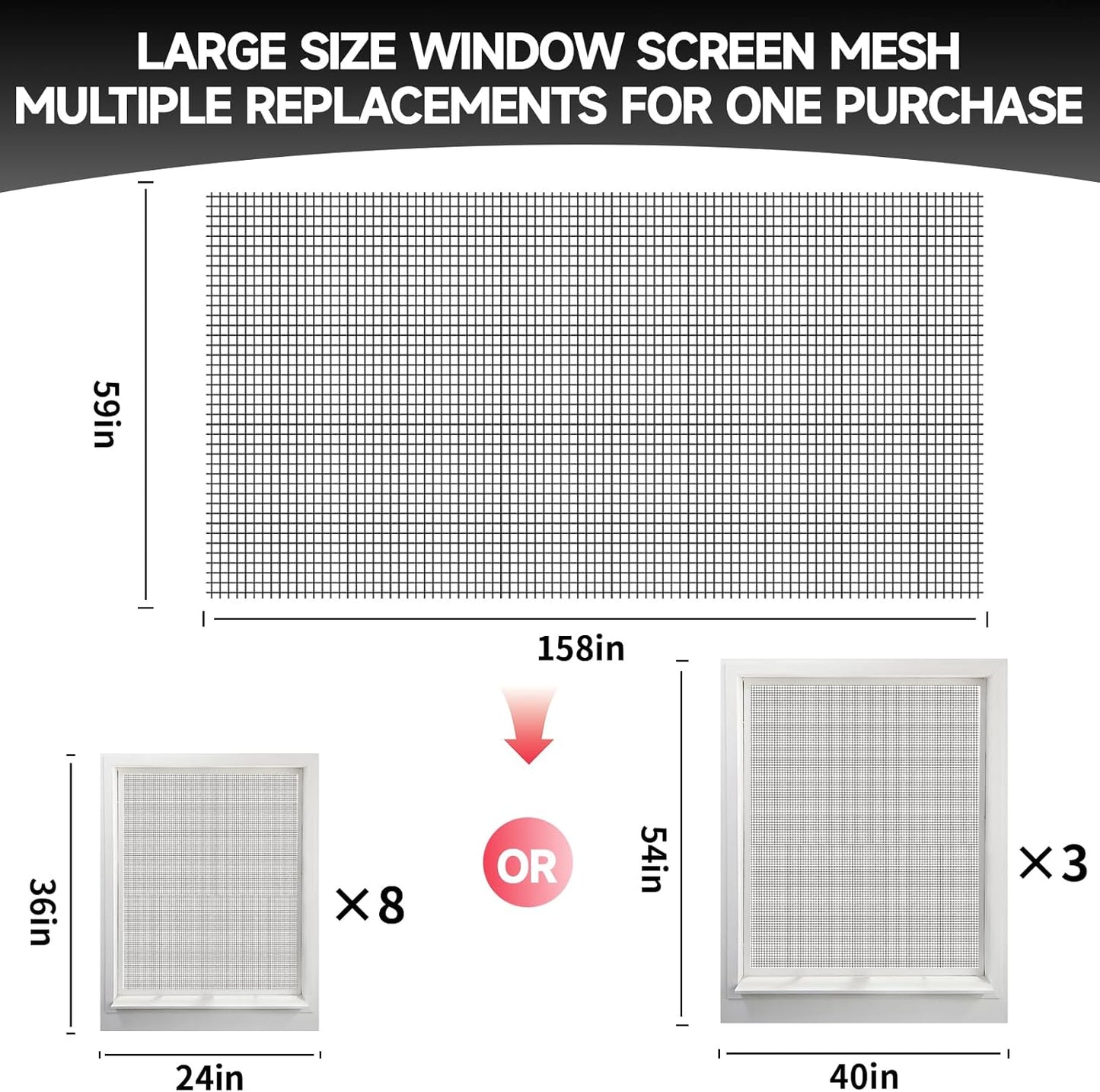 Window Screen Door Repair/Replacement Kit,59" x158" Adjustable Durable Fiberglass Window Screen Mesh,with Spline/Roller/Hook/Clips Screen Door Repair Kit,DIY Window,Porch Sliding Door(Black)