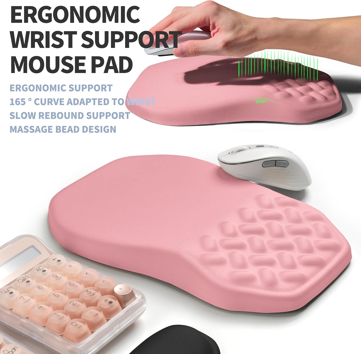 2-in-1 Ergonomic Set, Wave Keyboard Wrist Rest and Massage Slope Mouse Pad Wrist Support, Rebound Memory Foam for Relieve Carpal Tunnel Syndrome and Wrist Pain (Pink)