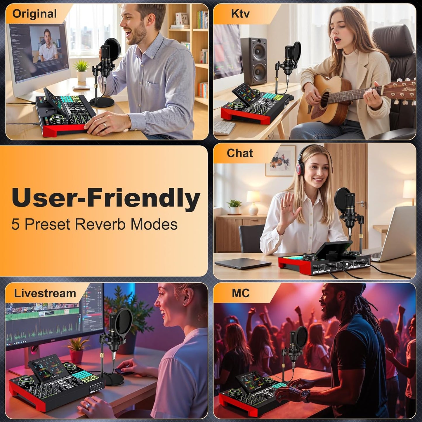 Podcast microphone bundle, live sound card, streaming audio mixer, podcast equipment bundle for PC/mobile live streaming, singing, gaming, soundboard with voice changer and noise reduction function