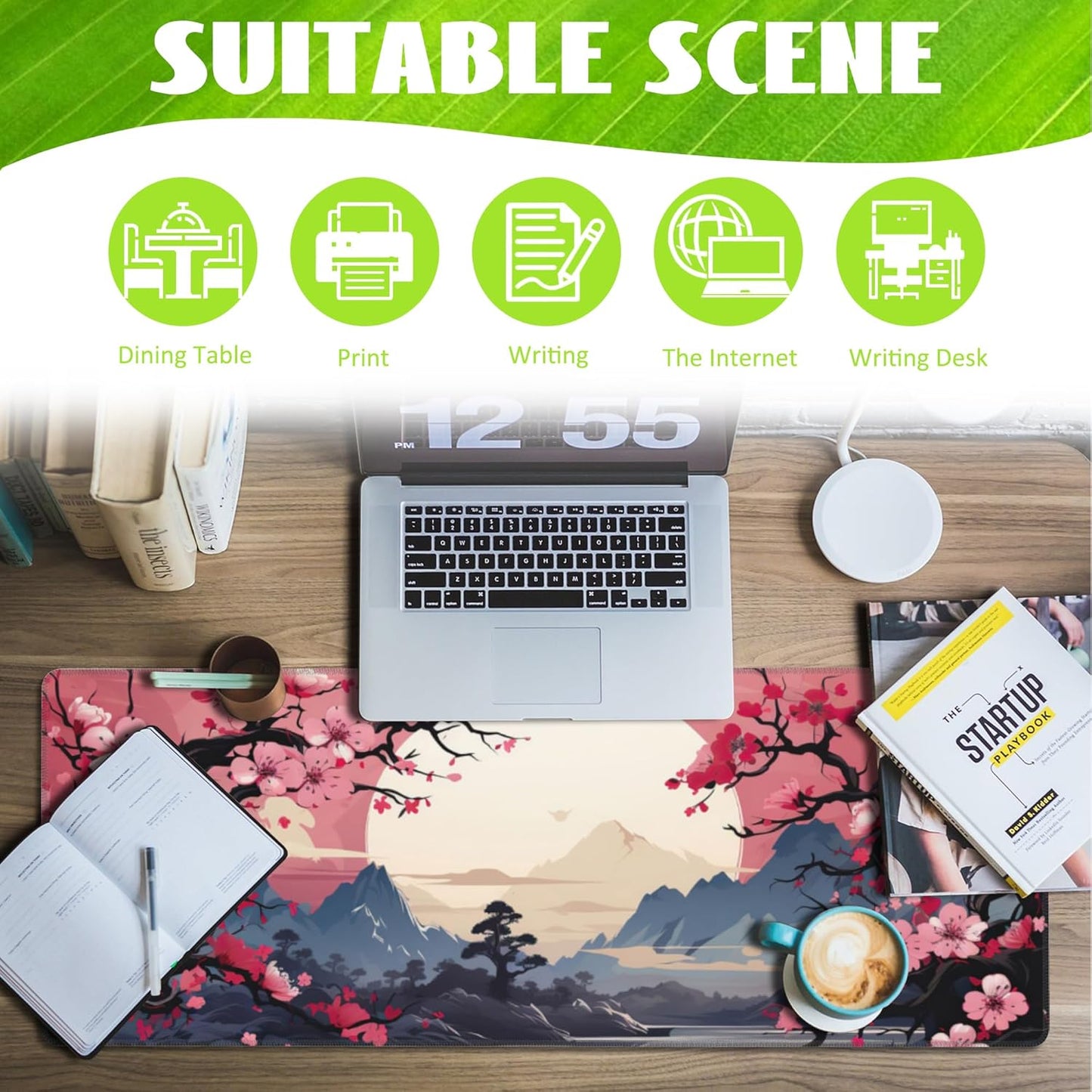 Pink Cherry Blossom Tree Desk Pad, Mountains and Sun Large Gaming Mouse Mat, Extended Big Computer Keyboard Pad With Non-Slip Base and Stitched Edge, 31.5"x11.8"