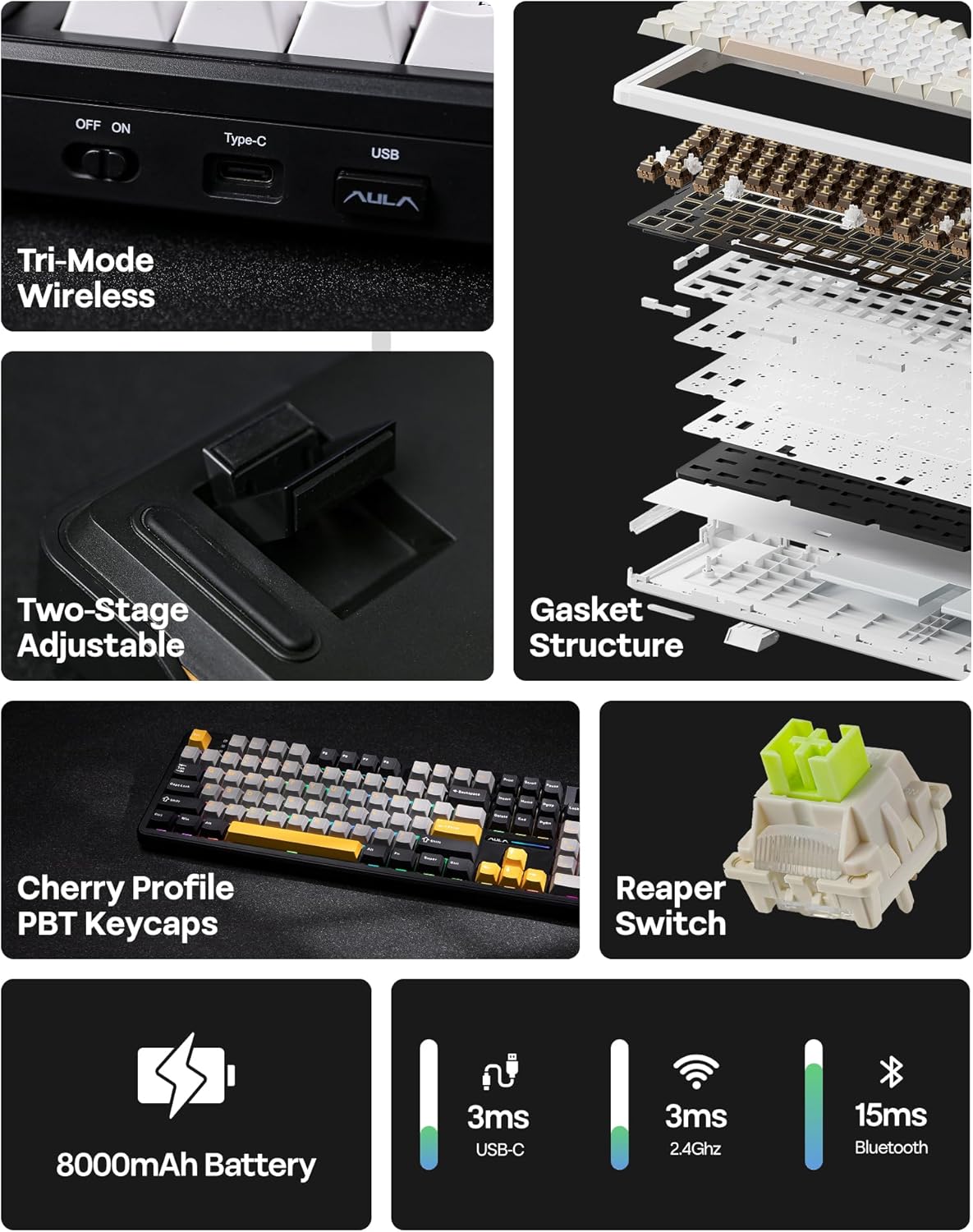 EPOMAKER X Aula F108 PRO Wireless Gaming Keyboard with Screen, 8000mAh Battery, 104 Hot-Swappable and Programmable Keys and Knob, RGB Backlight, for Mac/PC/Android (Grey&Yellow)