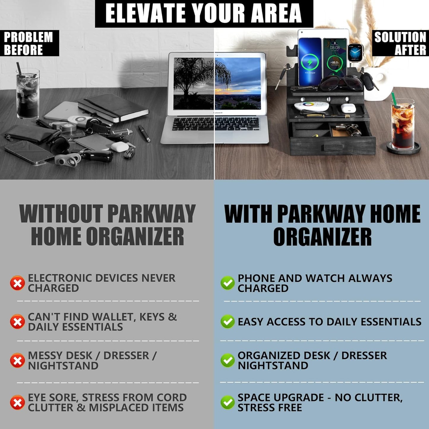 Black Wood Phone Docking Station for up to 3 Phones - Nightstand Organizer with Drawer for Valuables for Men & Women, Compatible With Apple Watch, Holds Phones, Tablets, Keys, Rings, Glasses, EDC