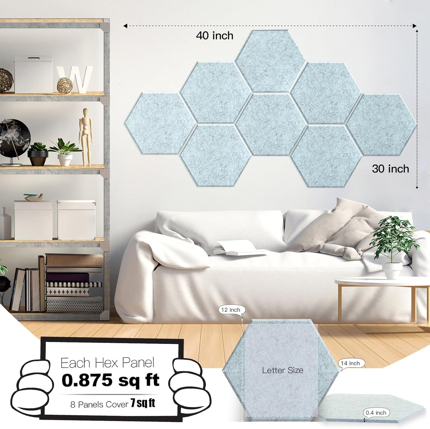 Mollywell Hexagon Acoustic Panels, High Density, Soundproofing, Decorative Noise Reduction Felt Wall Tiles for Ceilings, Home Office & Gaming Room (Smoky Blue), 14x12x0.4 Inch