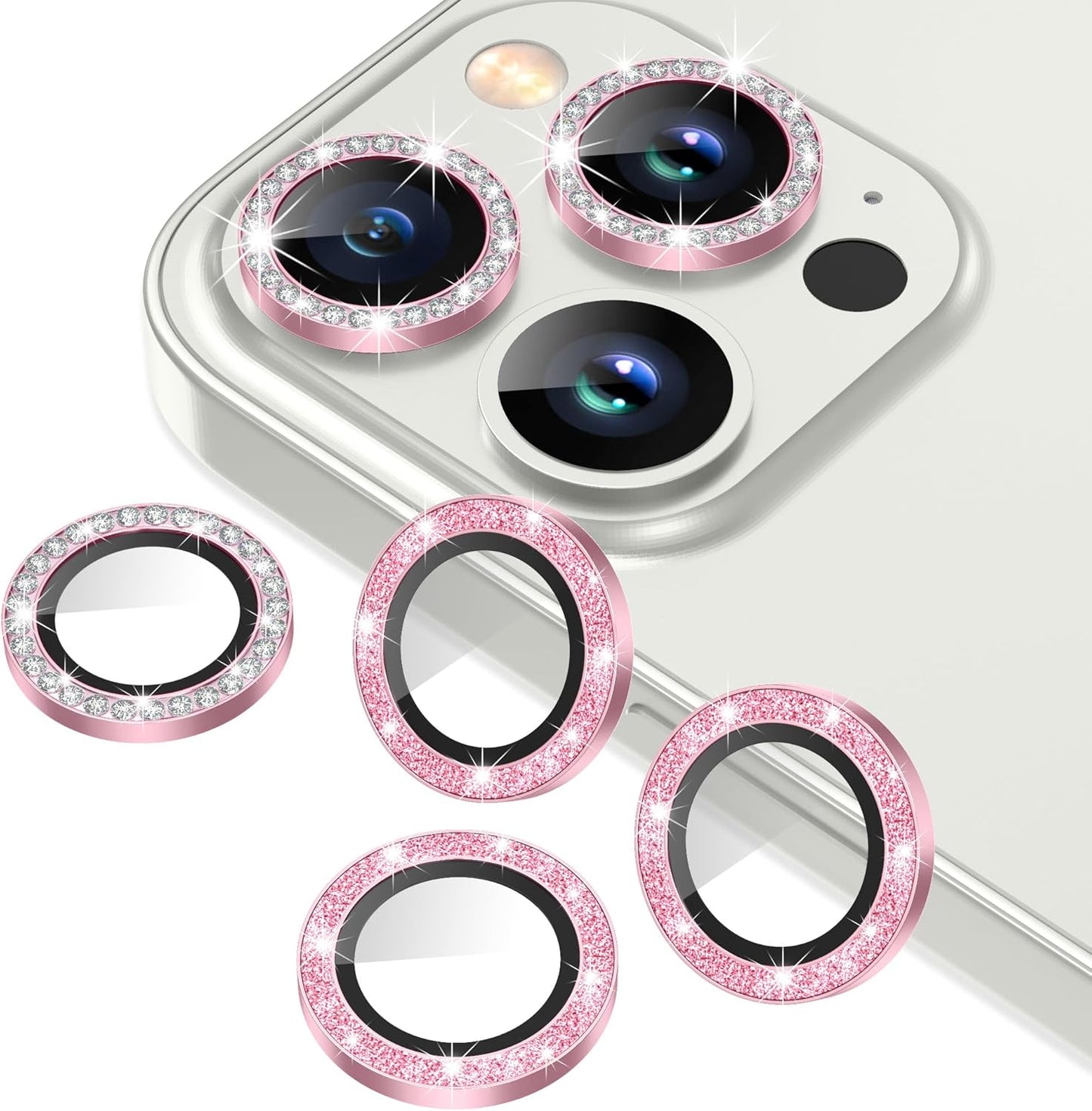 AGVEE 3+3 6 Pack for iPhone 13 Pro 6.1" / 13 Pro Max 6.7" Camera Lens Cover Protector, Bling Diamond & Bling Glitter Metal Ring 9H Tempered HD Glass Camera Cover Protector Film, Bling-Pink