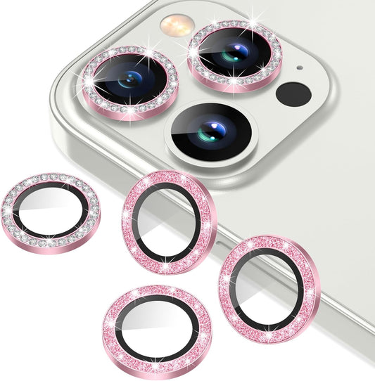 AGVEE 3+3 6 Pack for iPhone 13 Pro 6.1" / 13 Pro Max 6.7" Camera Lens Cover Protector, Bling Diamond & Bling Glitter Metal Ring 9H Tempered HD Glass Camera Cover Protector Film, Bling-Pink