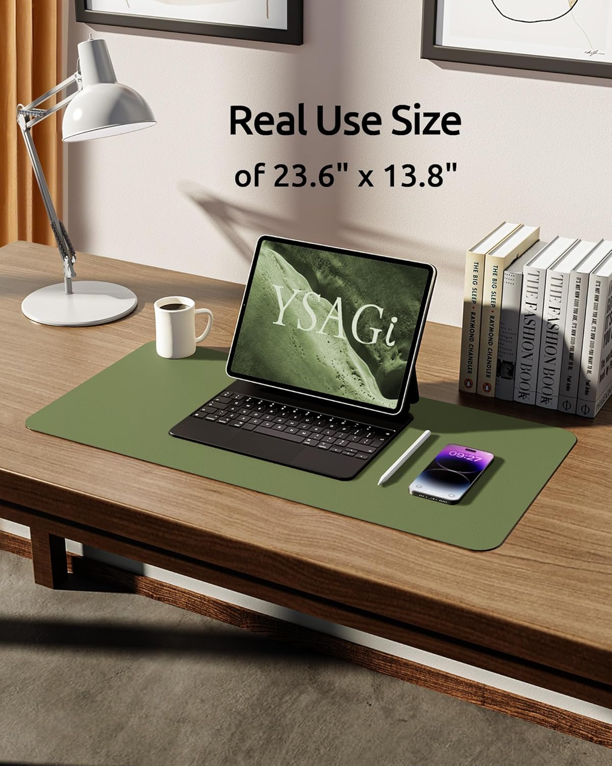 YSAGi Leather Desk Protector, Office Mat, Large Mouse Mat, Non-Slip PU Leather Blotter, Laptop Desk Pad, Waterproof Writing Pad for Office and Home (Green, 23.6" x 13.8")