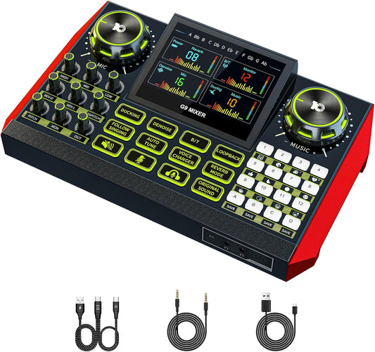 Audio mixer, suitable for live streaming, singing, and gaming on computers/phones; podcast mixer with real-time sound card, noise reduction function, and one-click mute function