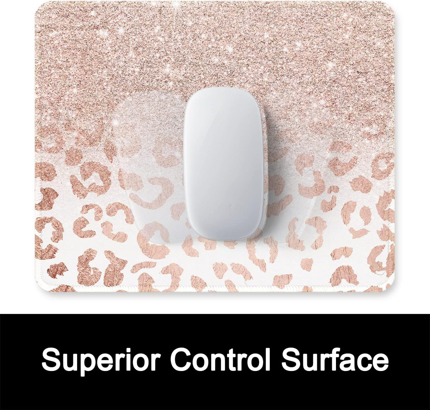 ITNRSIIET Mouse Pad with Stitched Edge Premium Textured Smooth Precise Operation Waterproof Washable Non-Slip Rubber Base Desktop Protection Mat, 10.2×8.3×0.12 inches, Rose Gold Leopard Print