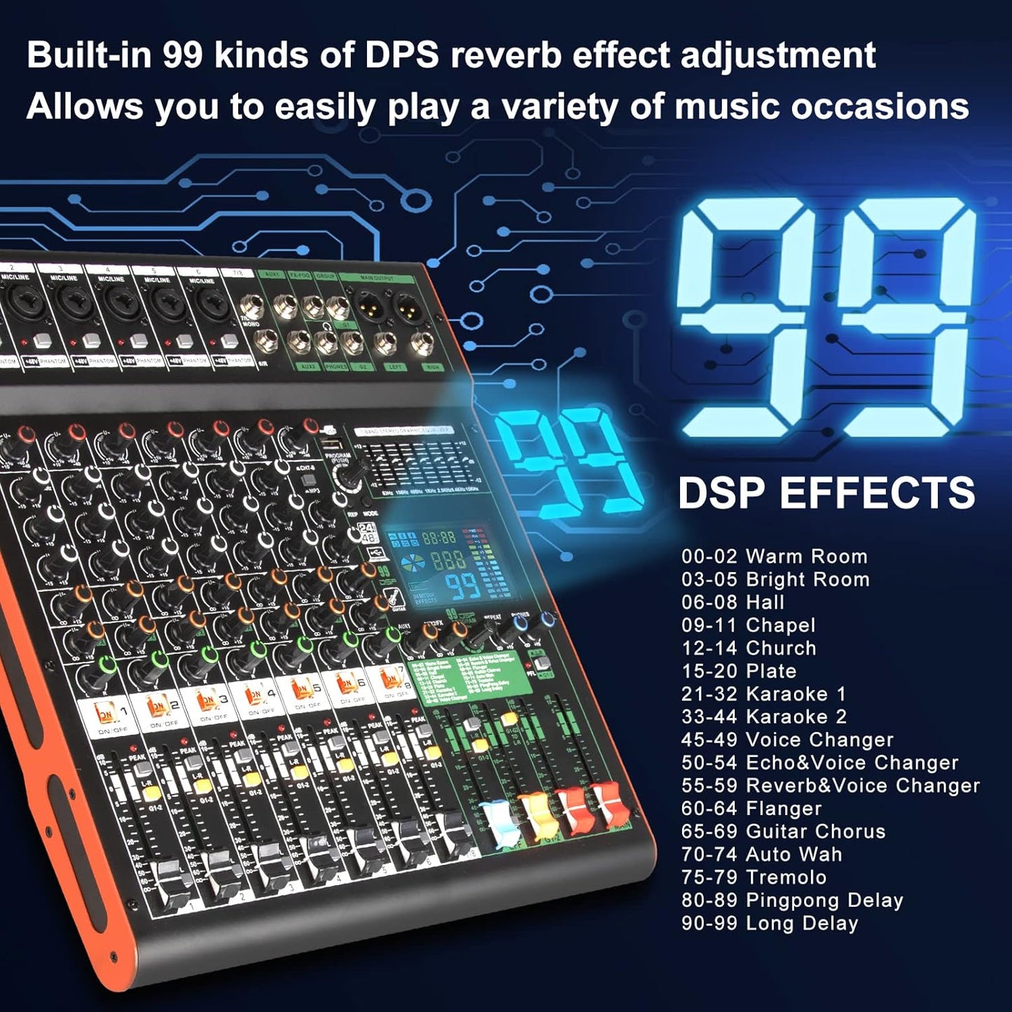 Depusheng TG8 professional dj audio mixer 8 channel input and dual group output with 99-bit dps reverb chip bluetooth usb recording and mp3 playback suitable for stage, bar, recording studio