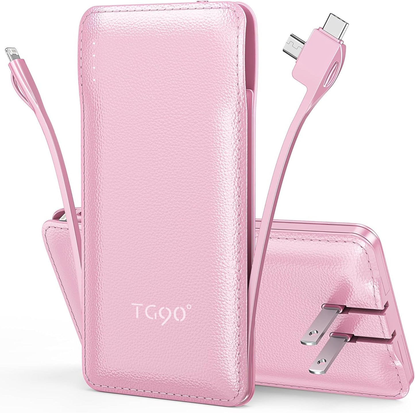 TG90° 10000mAh External Battery Pack with Built-in AC Wall Plug, Compact Cell Phone Portable Charger with Cables Power Bank Compatible with iPhone and Android Devices