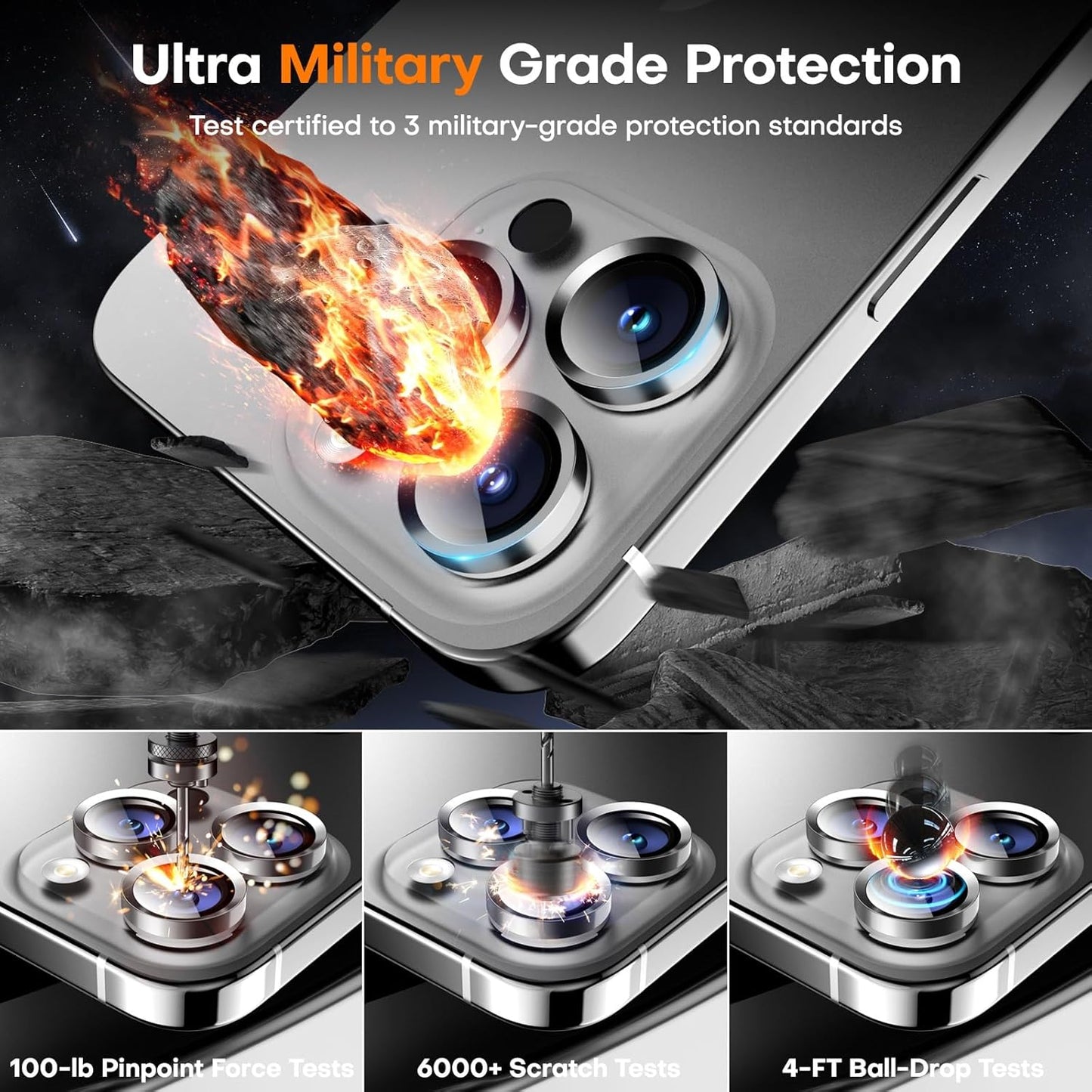 Camera Lens Protector for iPhone 16 Pro Max/16 Pro/15 Pro Max/15 Pro/14 Pro Max/14 Pro, Sapphire Glass Metal Individual Camera Cover Screen, Anti-drop, Scratch Resistant, Case Friendly- White Titanium