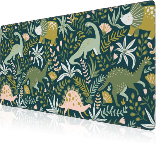 Mouse Pad, Large Dinosaurs with Tropical Plants Desk Mat, Extended Non-Slip Gaming Keyboard Mousepad Desk Pad, Thick Stitched Edges Waterproof Mouse Mat 31.5"x15.7" (Cute Dino and Flowers)
