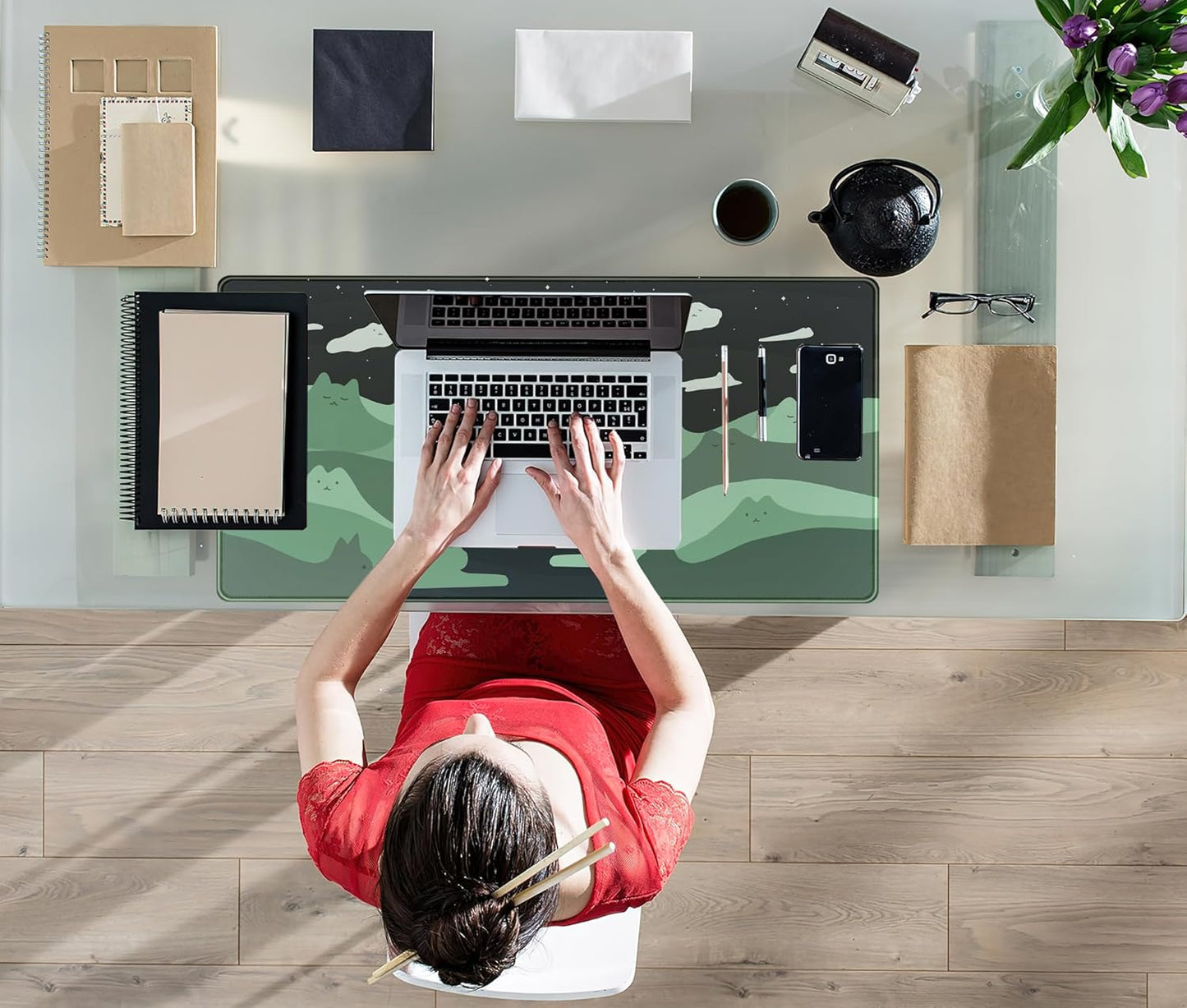 Anime Green Cats Mouse Pad Desk Pad Kawaii Cartoon Cat Desk Mat Cute, XXL Large Laptop Gaming Mousepad Keyboard Mouse Mat, Office Desk Decor matt for Women with Stitched Eges Pad, 31.5x15.75 in