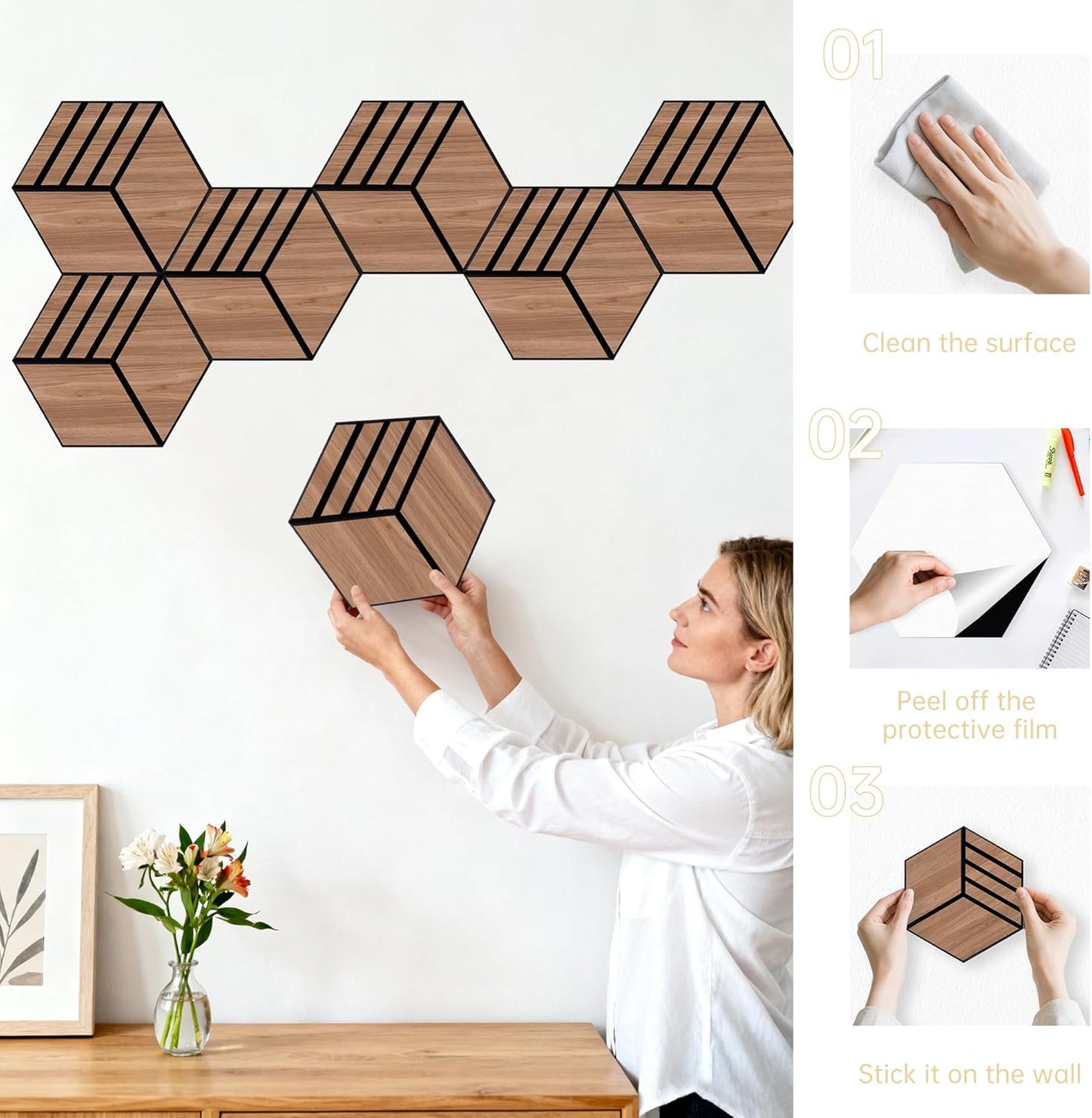 Mollywell Hexagon Acoustic Panels, Walnut S4, 14x12x0.4 Inch, 12 Pack |Wood Veneer|High Density Sound Proofing Wall Panels|Self Adhesive Sound Dampening Felt Wall Tiles|Home Theater|Gaming Room|