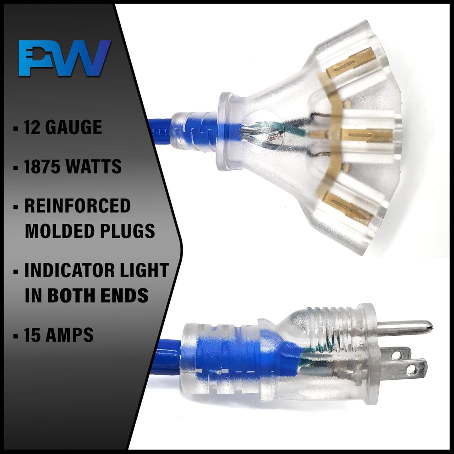 25 ft - 12 Gauge Heavy Duty Extension Cord - Lighted on Both Ends - SJTW Blue - Outdoor Extension_Cord Waterproof 25 ft by Premier Wire - 15 Amp ExtensionCord (25 Foot 12-Awg Power Cord Blue)