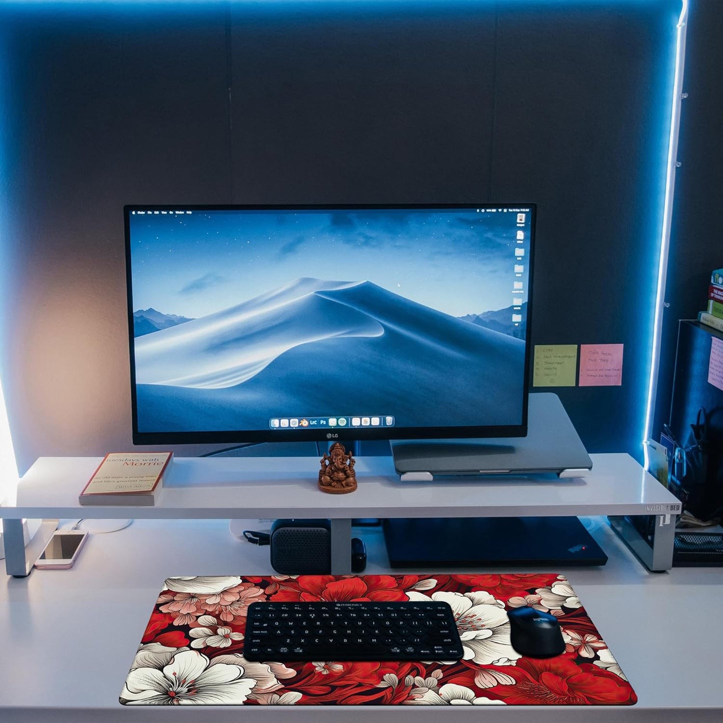Desk Pad, Red and White Flowers Desk Mat, Retro Red Floral Large Gaming Mouse Pad, 31.5"x15.7" Extended Big Computer Keyboard Mouse Pad with Non-Slip Base and Stitched Edge