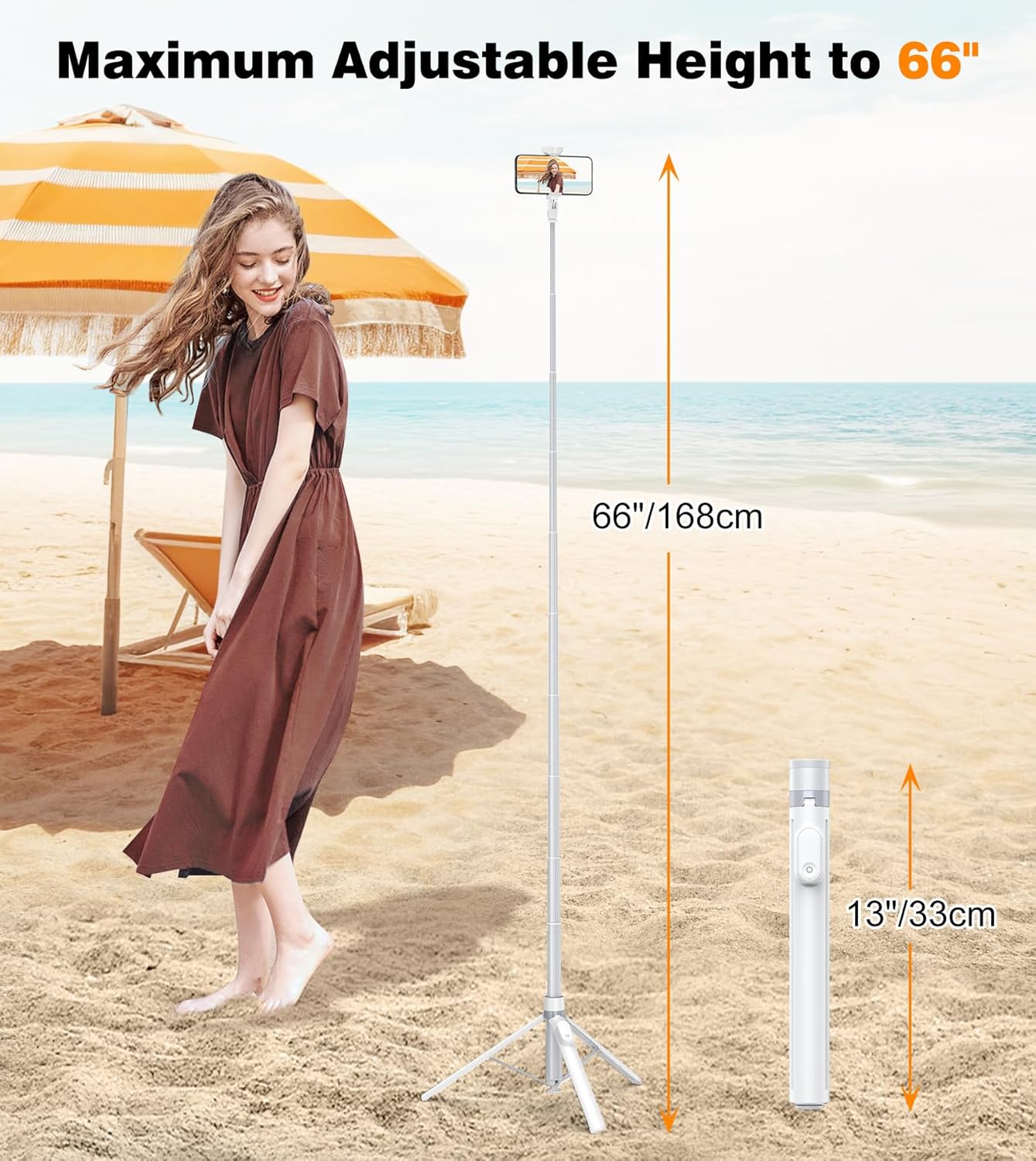 TONEOF 66" Automatic Phone Tripod with Magnetic Rechargable Remote,Selfie Stick 360° Vertical & Horizontal Rotatable,Stable for iPhone/Android((White)