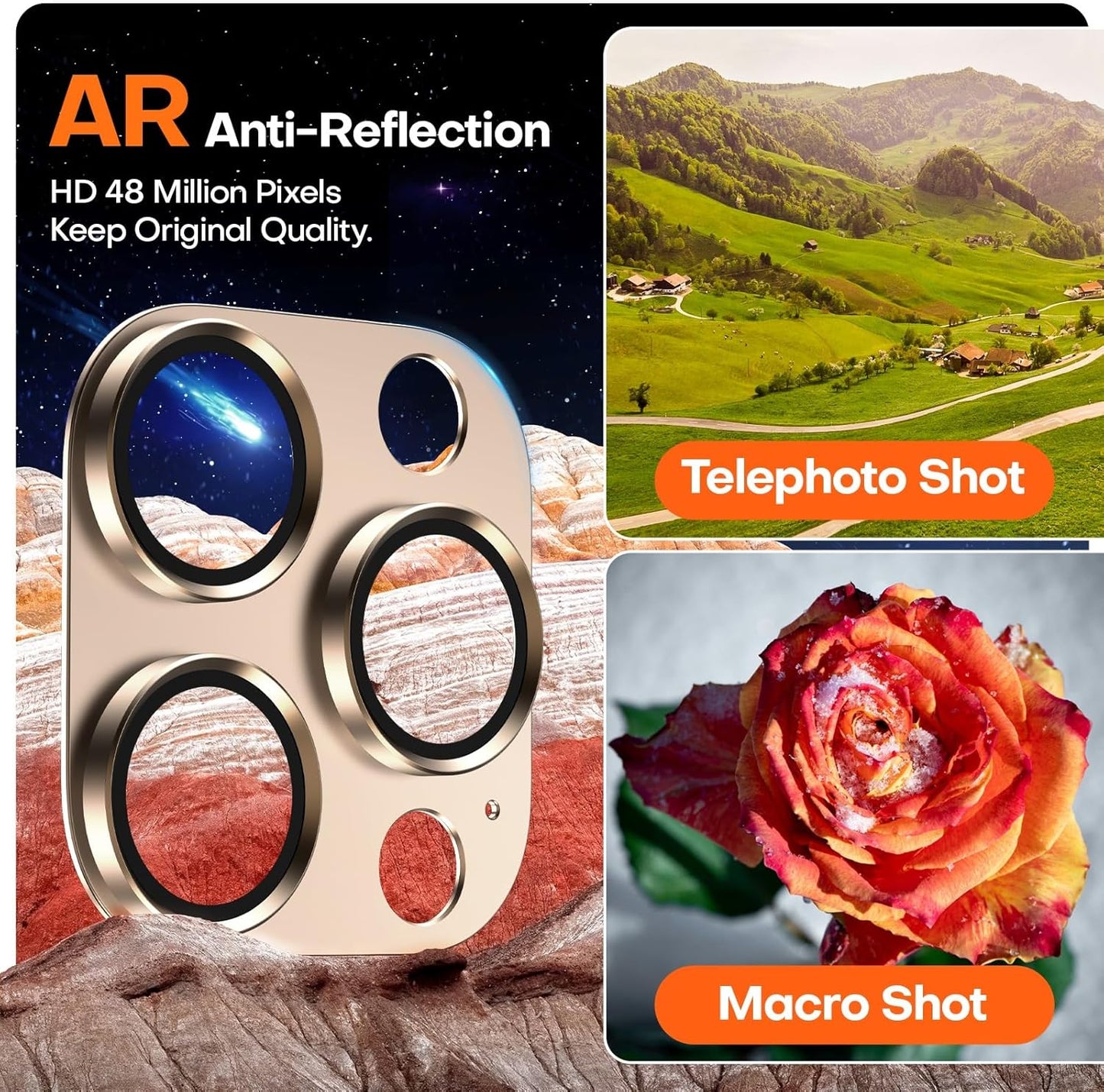 Camera Lens Protector for iPhone 16 Pro Max/16 Pro/15 Pro Max/15 Pro/14 Pro Max/14 Pro, Aluminum Alloy Sapphire Glass Camera Screen Cover, Case Friendly- Desert Titanium