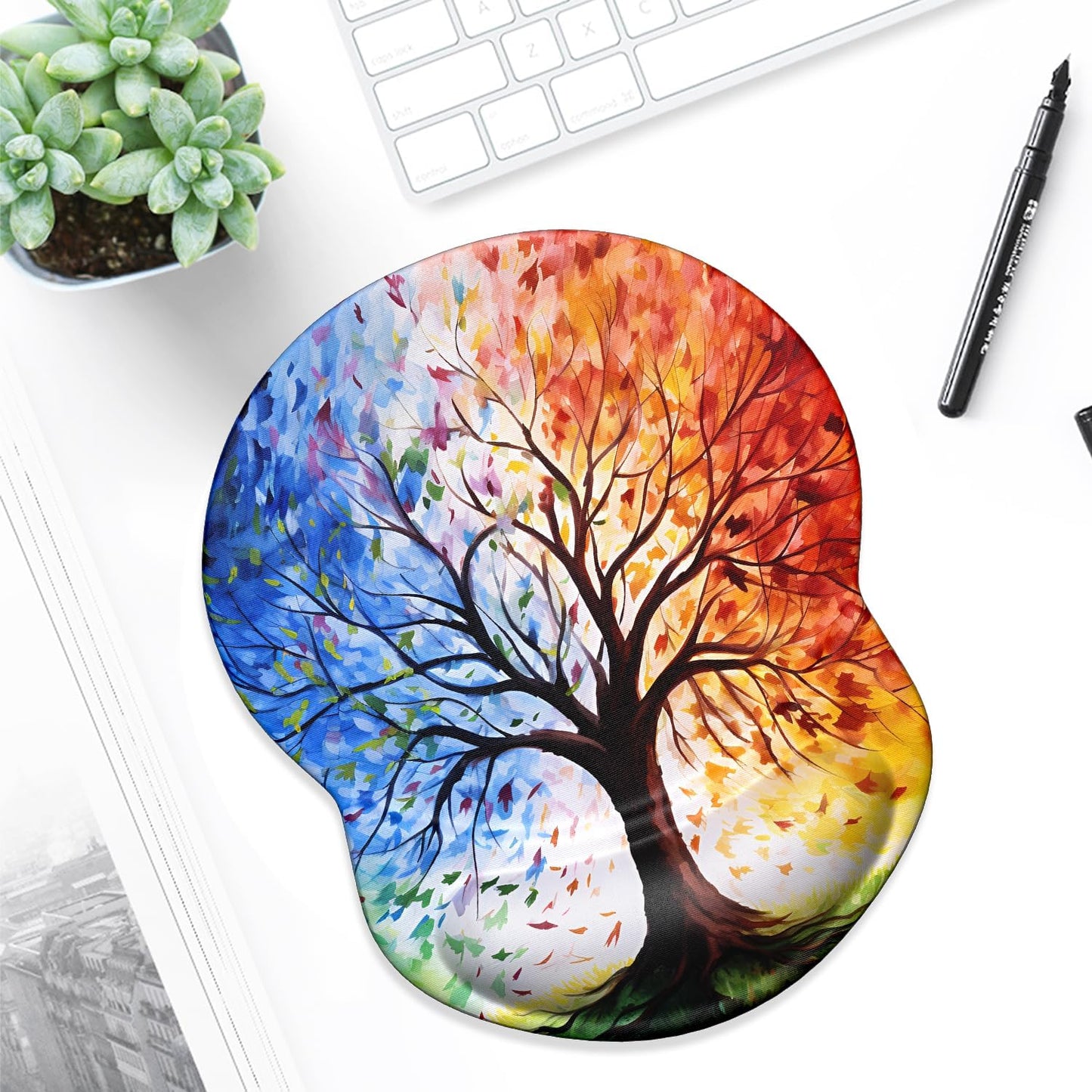 ITNRSIIET Ergonomic Mouse Pad with Gel Wrist Support Small Wrist Rest Smooth Surface Non-Slip PU Base Comfortable Office Supplies Pain Relief, 8.7 x 7.2 inches, The Tree of Life