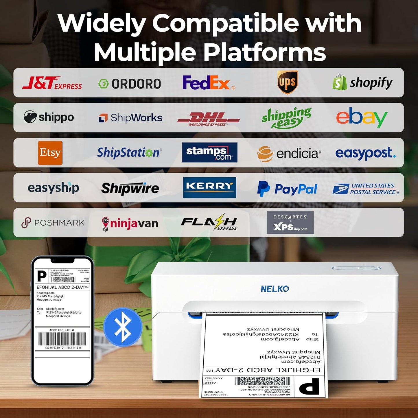 Nelko Bluetooth Thermal Shipping Label Printer, Wireless 4x6 Shipping Label Printer for Small Business, Support Android, iPhone and Windows, Widely Used for Amazon, Ebay, Shopify, Etsy(White)