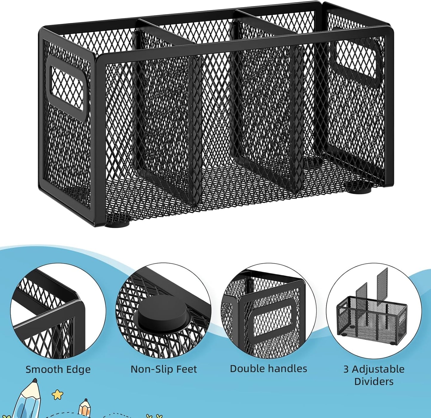 Marbrasse Mesh Pen Holder for Desk,Pencil Holder Desk Organizer 3 Adjustable Compartments,Pencil Cup with Handle Perfect for Classroom, Office, Home,Makeup,Art (Black)