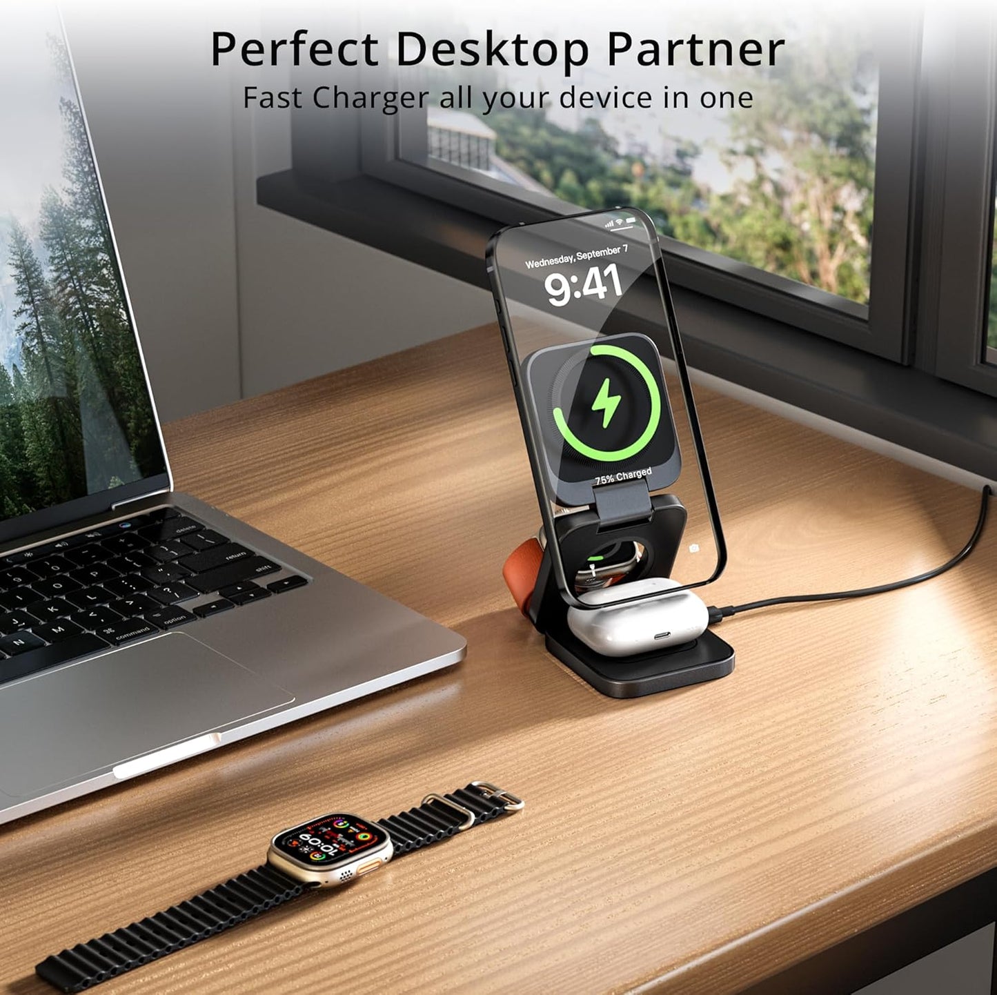 3-in-1 Wireless Charger Stand, LULULOOK 15W Magnetic Charger Wireless Fast Charging Station for iPhone 16/15/14 Series, Aluminum 5W Charger for Apple Watch, AirPods, USB-C Charging Cable Included