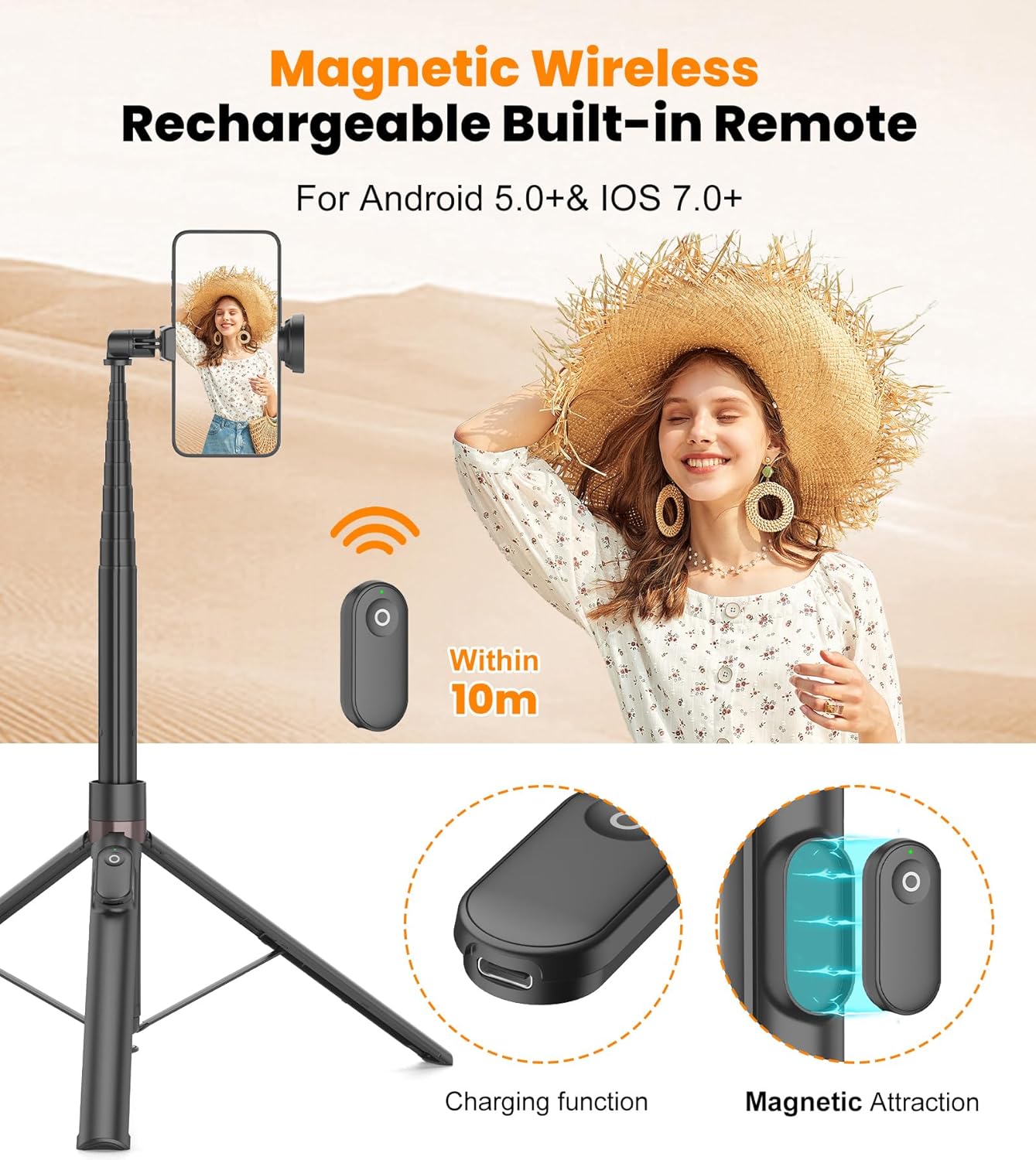 TONEOF 70" Automatic Phone Tripod with Magnetic Rechargable Remote,Selfie Stick 360° Vertical & Horizontal Rotatable,Stable for iPhone/Android(Black)