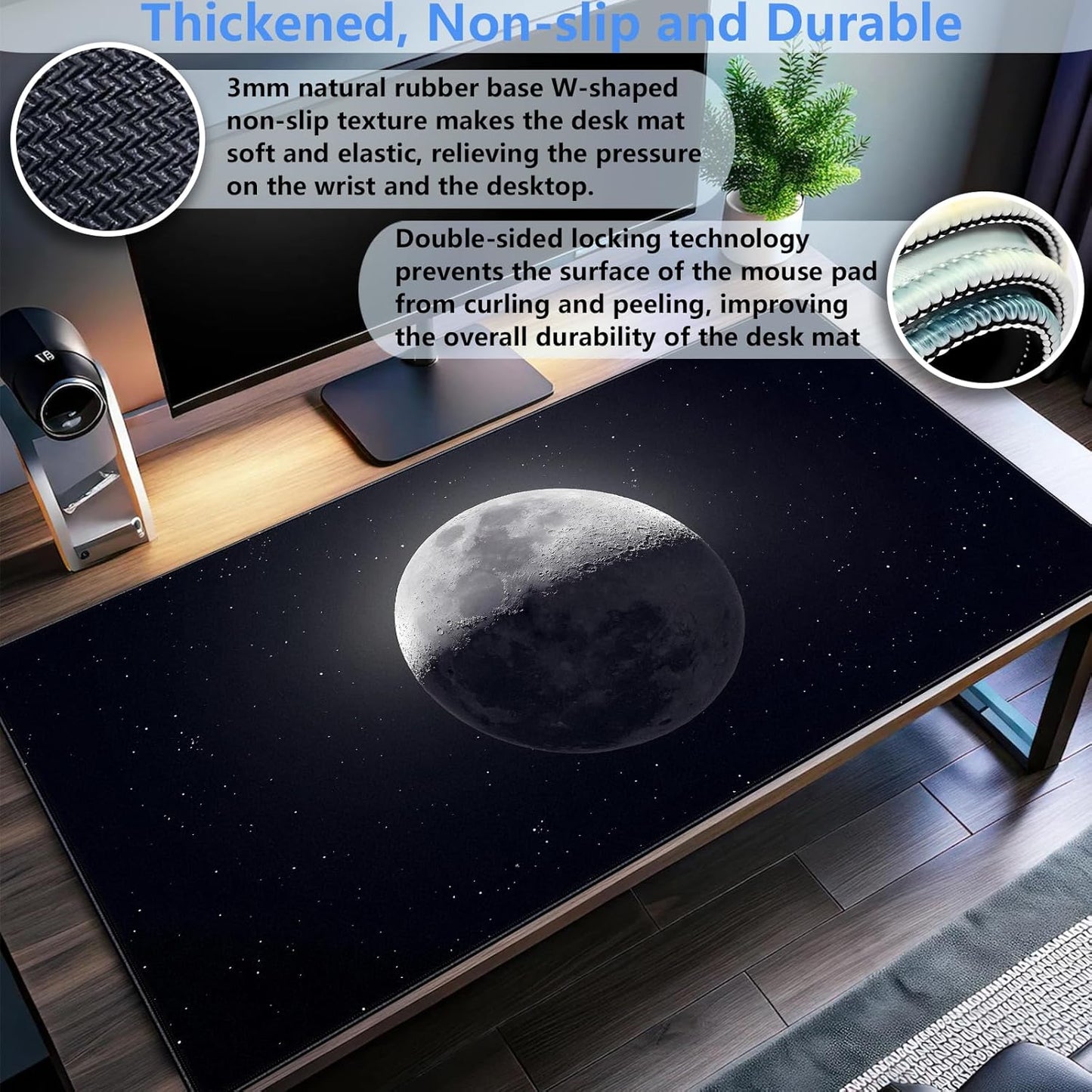 Moon Mouse Pad Sci-fi Galaxy Desk Mat Extended XL Large Gaming Mousepad Dark Computer Pad with Stitched Edges 31.5 x 15.7 inch Keyboard and Mouse pad Office Desk Decoration Pad