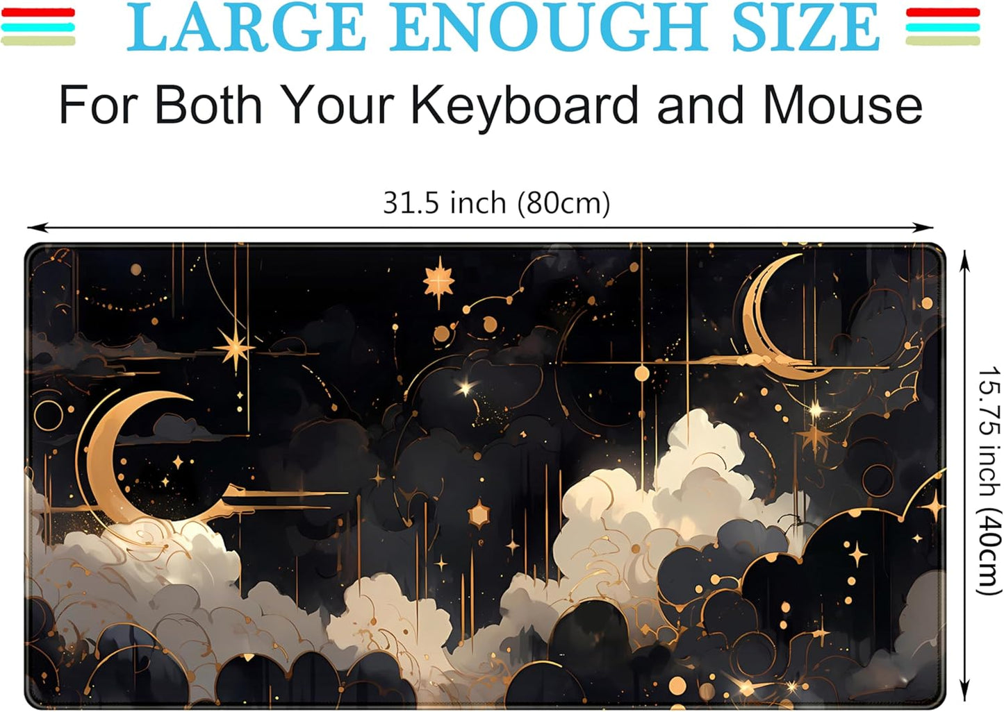 Black and Gold Celestial Desk Mat XXL Extended Gaming Mouse Pad Large Mousepad with Stitched Edges, Laptop Computer Keyboard Mouse Mat Desk Pad for Work Game Office Home Desk Decor 31.5x15.75 in