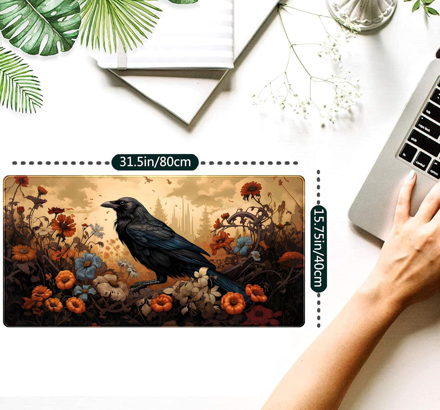 Anime Crow Kawaii Desk Mat Cute Retro Floral Mouse Pad Gaming Desk Pad XXL Large Desk Matt for Desktop Computer Mousepad, Laptop Keyboard Mouse Mat Office Decor Accessories for Women, 31.5x15.75 in