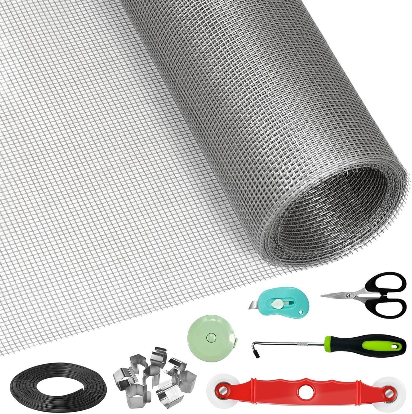 Window Screen Door Repair/Replacement Kit,48" x178" Adjustable Durable Fiberglass Window Screen Mesh,with Spline/Roller/Hook/Clips Screen Door Repair Kit,DIY Window,Porch Sliding Door(Grey)