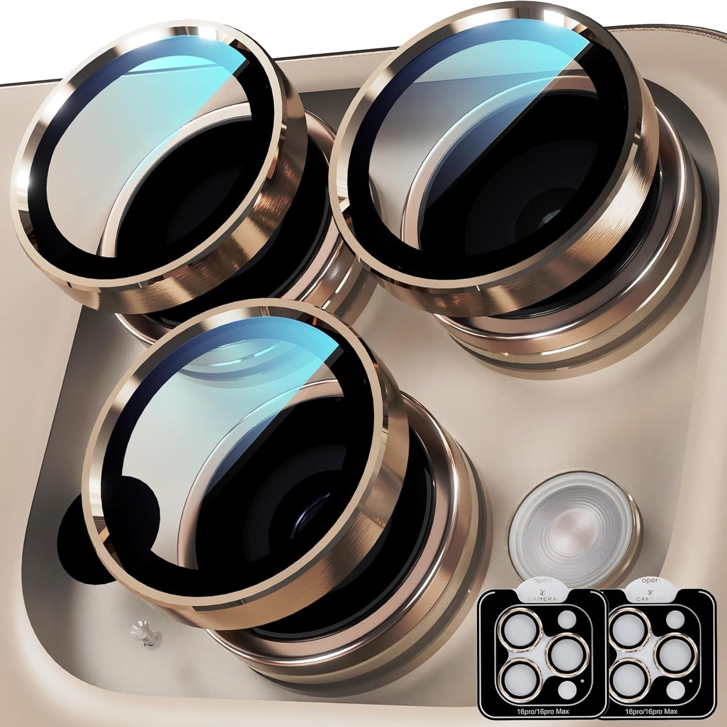 YWXTW Camera Lens Protector for iPhone 16 Pro/iPhone 16 Pro Max, [1 Step Installation Tray] Tempered Glass Screen Protector Metal Individual Camera Cover Accessories (Desert Titanium-2Pack)