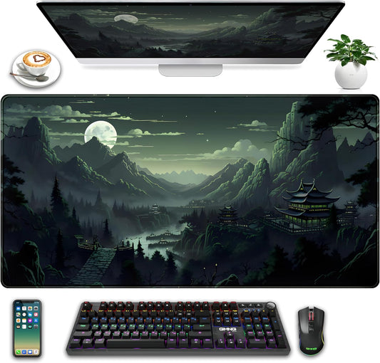 XXL Large Gaming Mouse Pad Anime Green Moon Mountains Desk Mat, Desk Decor Mousepad Computer Mat, Non-Slip Rubber Base Desk Pad, Laptop Keyboard and Mouse Mat with Stitched Edges, 31.5x15.75 in