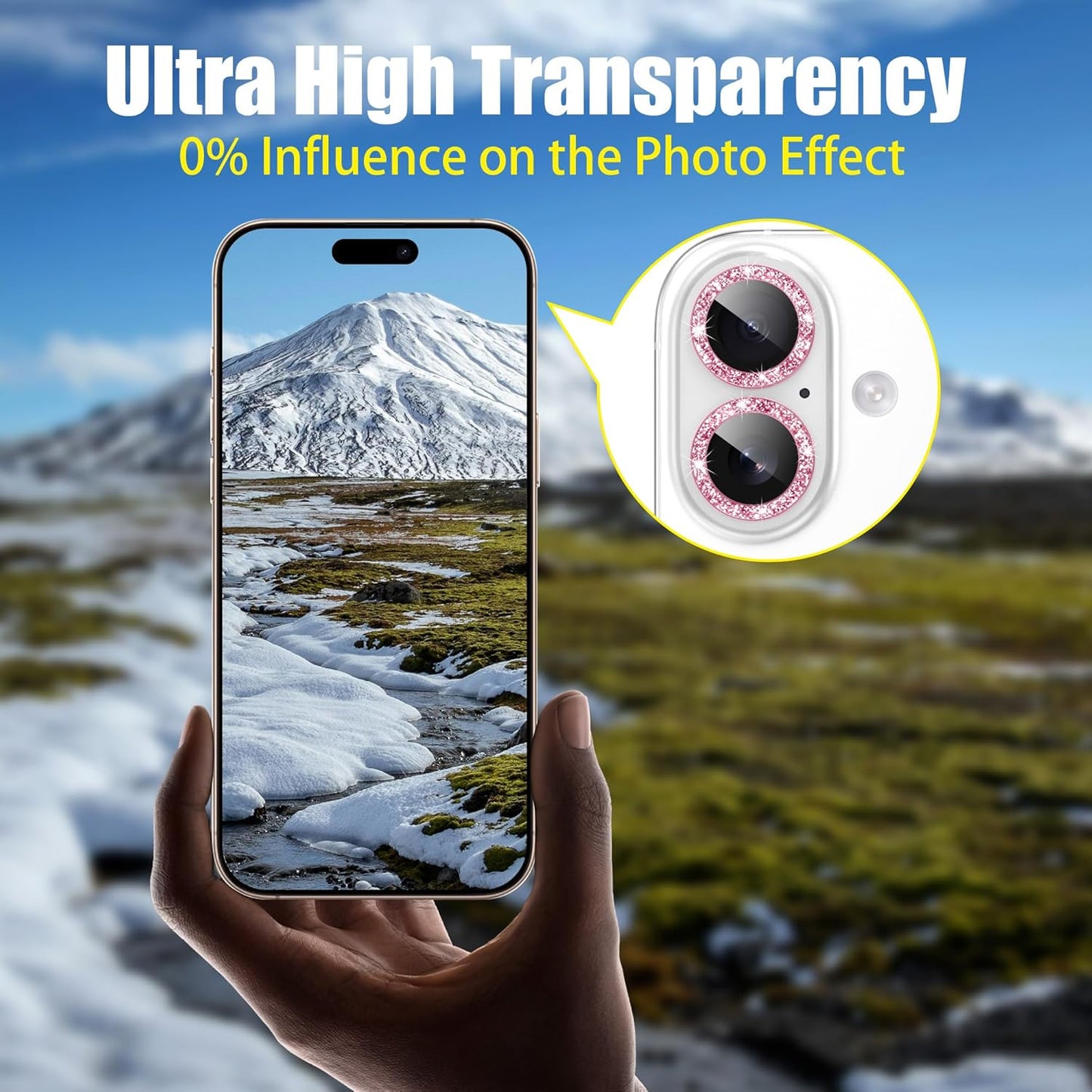 AGVEE 3+3 6 Pack for iPhone 16 6.1" / 16 Plus 6.7" Camera Lens Cover Protector, Bling Glitter & CD-Textured Metal Ring 9H Tempered HD Glass Camera Cover Protector Film, Glitter-Pink