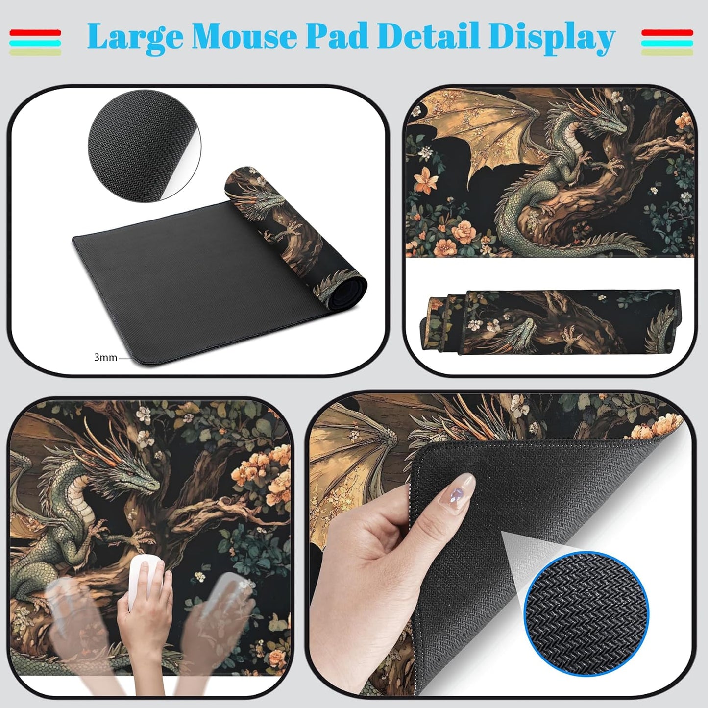 Desk Mat Cute Enchanted Forest Dragon Kawaii Mouse Pad XXL Large Extended Vintage Academia Anime Desk Pad, Cozy Computer Playmat Laptop Keyboard and Mouse Mat with Stitched Edges, 31.5x15.7 in