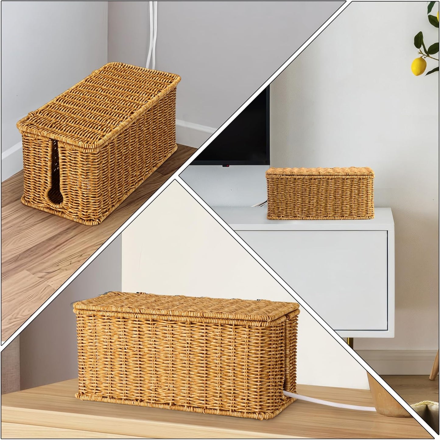 Large Cable Management Box, Handwoven Imitation Rattan Cord Organizer Cord Hider Box, Desk Cord Management Box to Hide Cords and Power Strips, 13.5" L x 6.2" W x 6" H, Natural